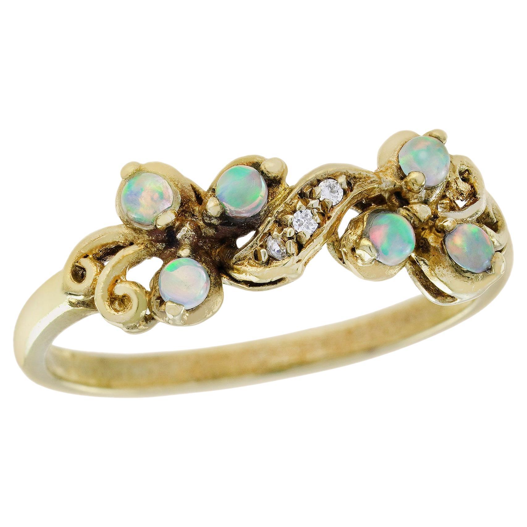 Opal and Diamond Vintage Style Ring in Solid 9K Yellow Gold For Sale