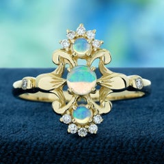 Opal and Diamond Vintage Style Three Stone Ring in Solid 14K Yellow Gold