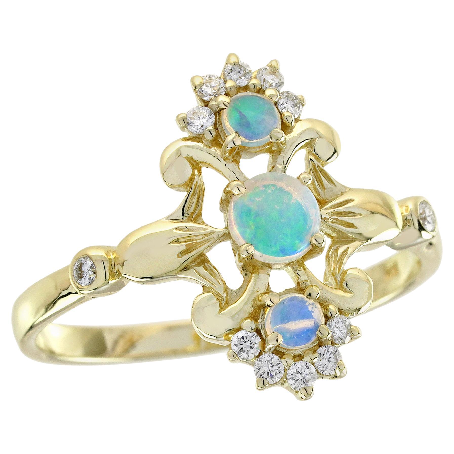 Opal and Diamond Vintage Style Three Stone Ring in Solid 14K Yellow Gold
