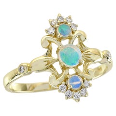 Opal and Diamond Vintage Style Three Stone Ring in Solid 14K Yellow Gold
