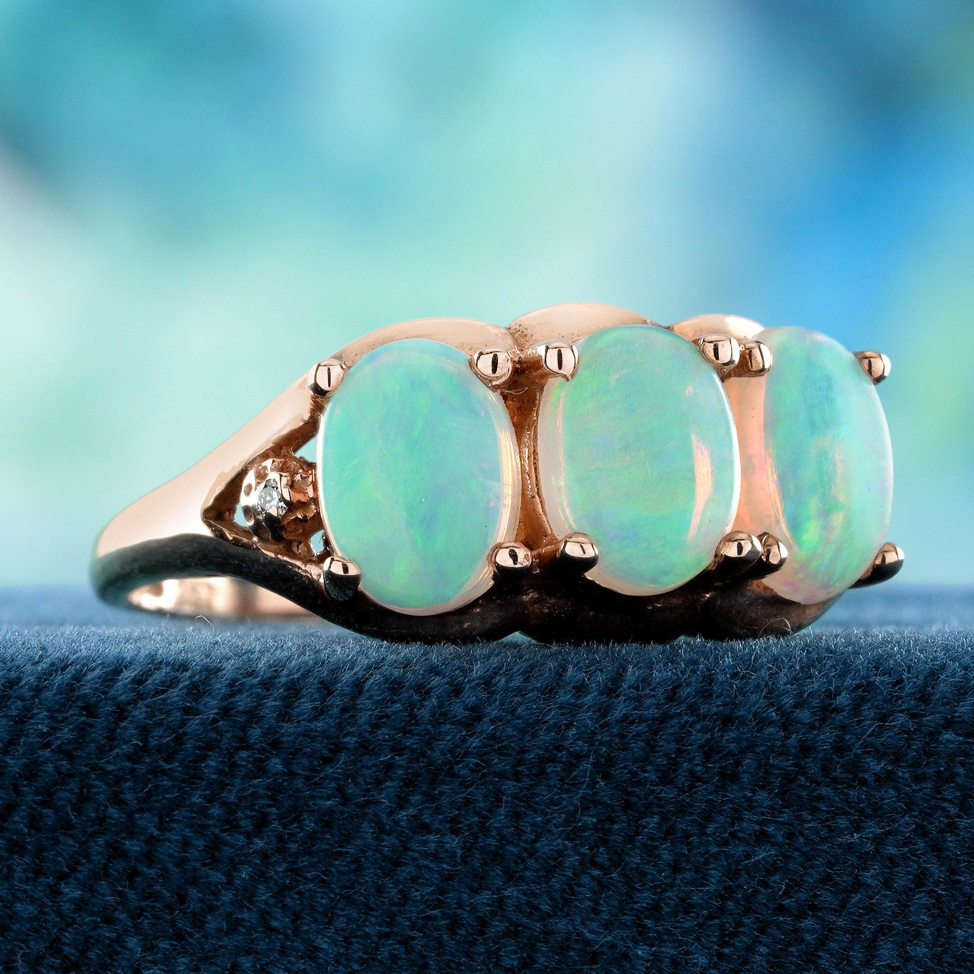 Edwardian 9K Rose Gold Opal and Diamond Vintage Style Three Stones Ring For Sale