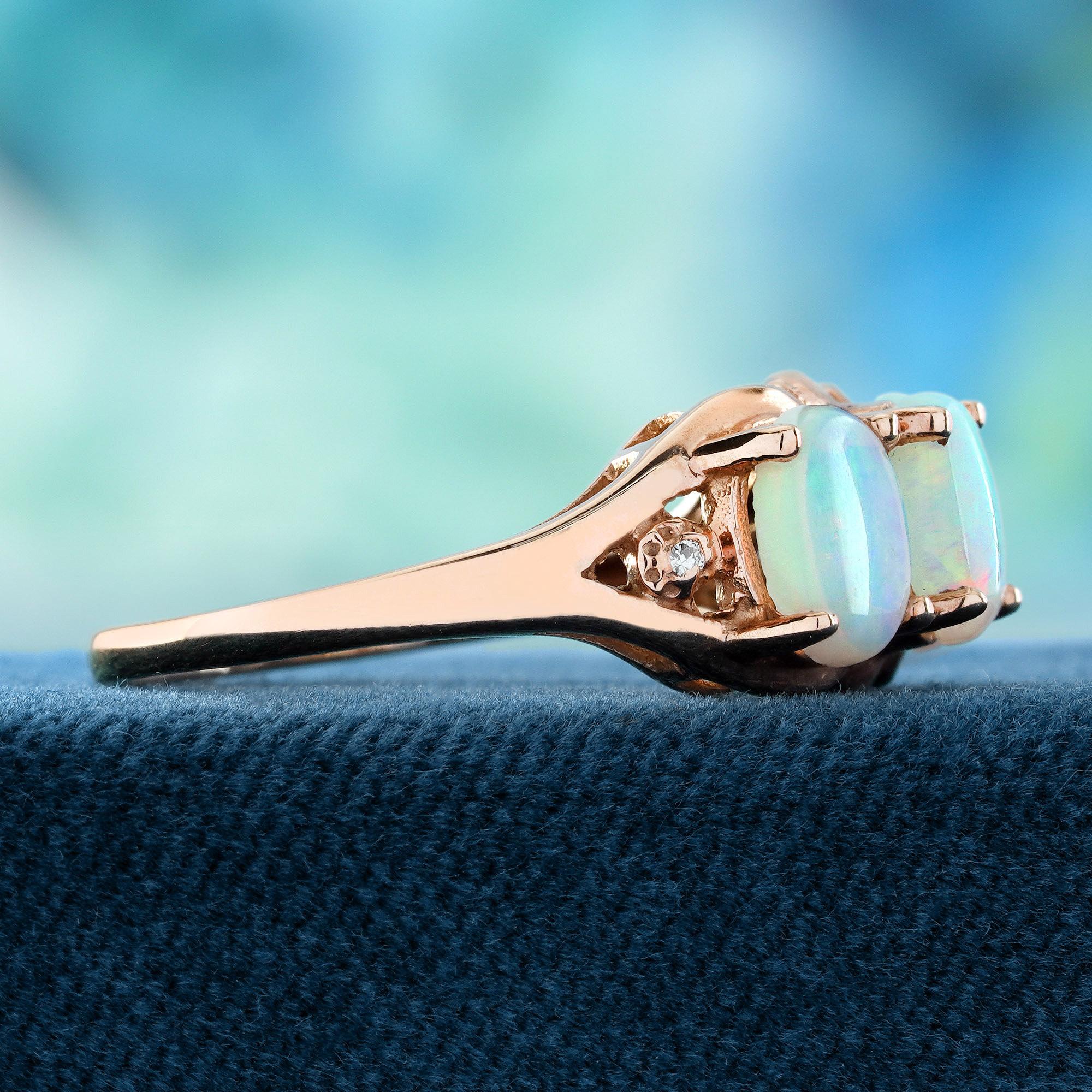 Oval Cut 9K Rose Gold Opal and Diamond Vintage Style Three Stones Ring For Sale