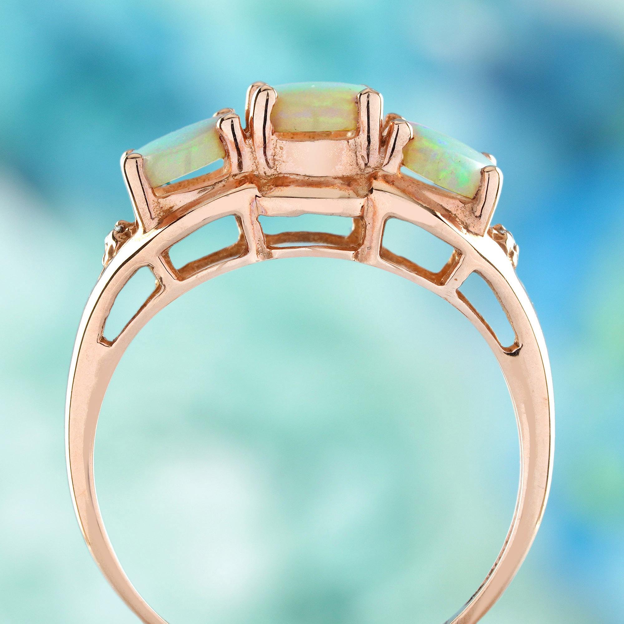 9K Rose Gold Opal and Diamond Vintage Style Three Stones Ring In New Condition For Sale In Bangkok, TH