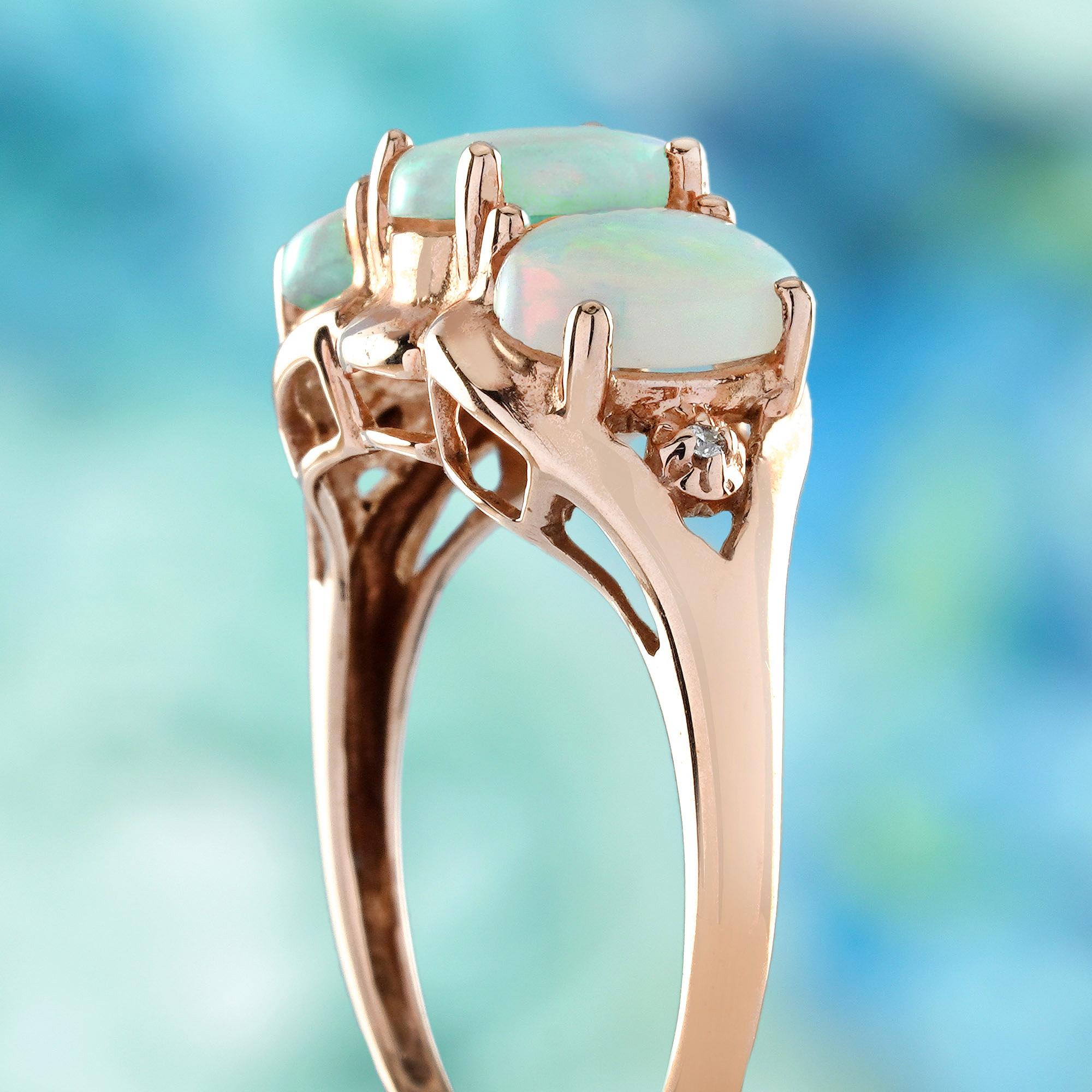 Women's 9K Rose Gold Opal and Diamond Vintage Style Three Stones Ring For Sale