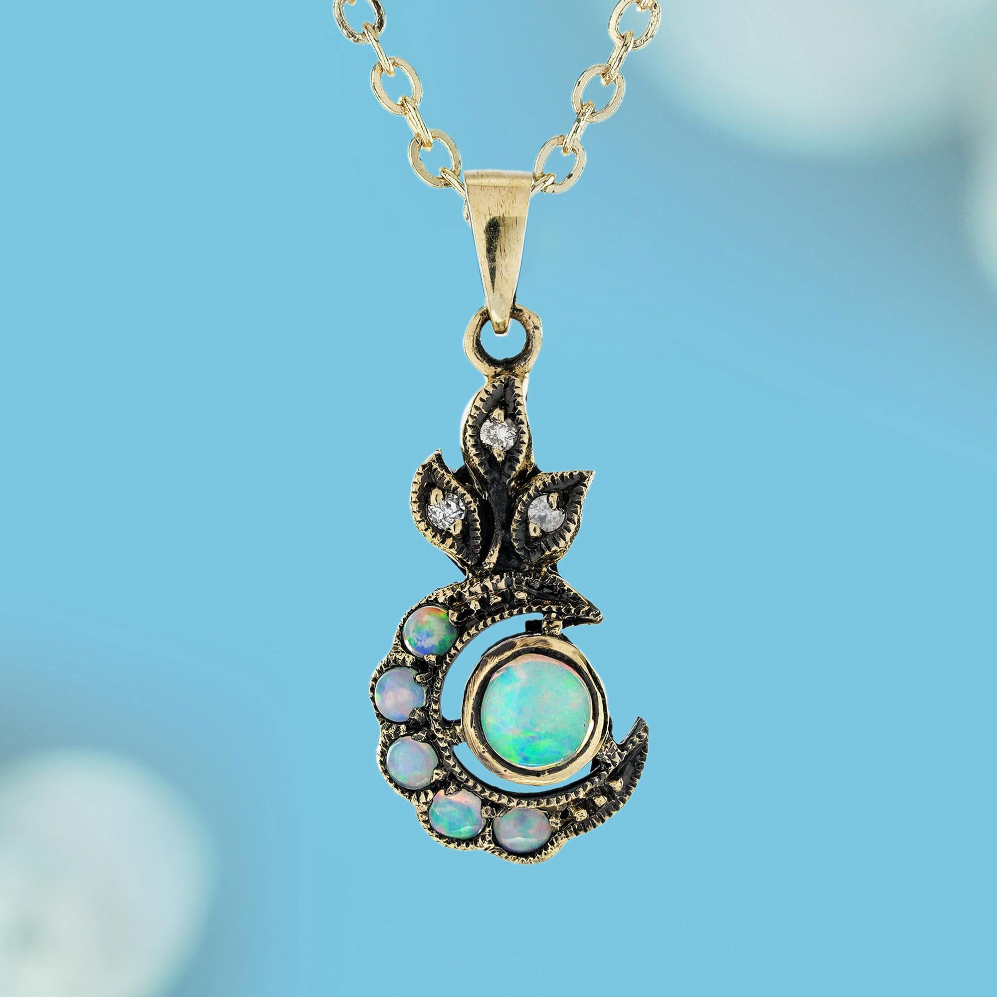 Step into the pages of a royal tale with our Natural Opal and Diamond Vintage Crescent Pendant in Solid 9K Yellow Gold. This majestic piece features a captivating natural opal, shimmering with ethereal colors that dance like a dream. Accented with