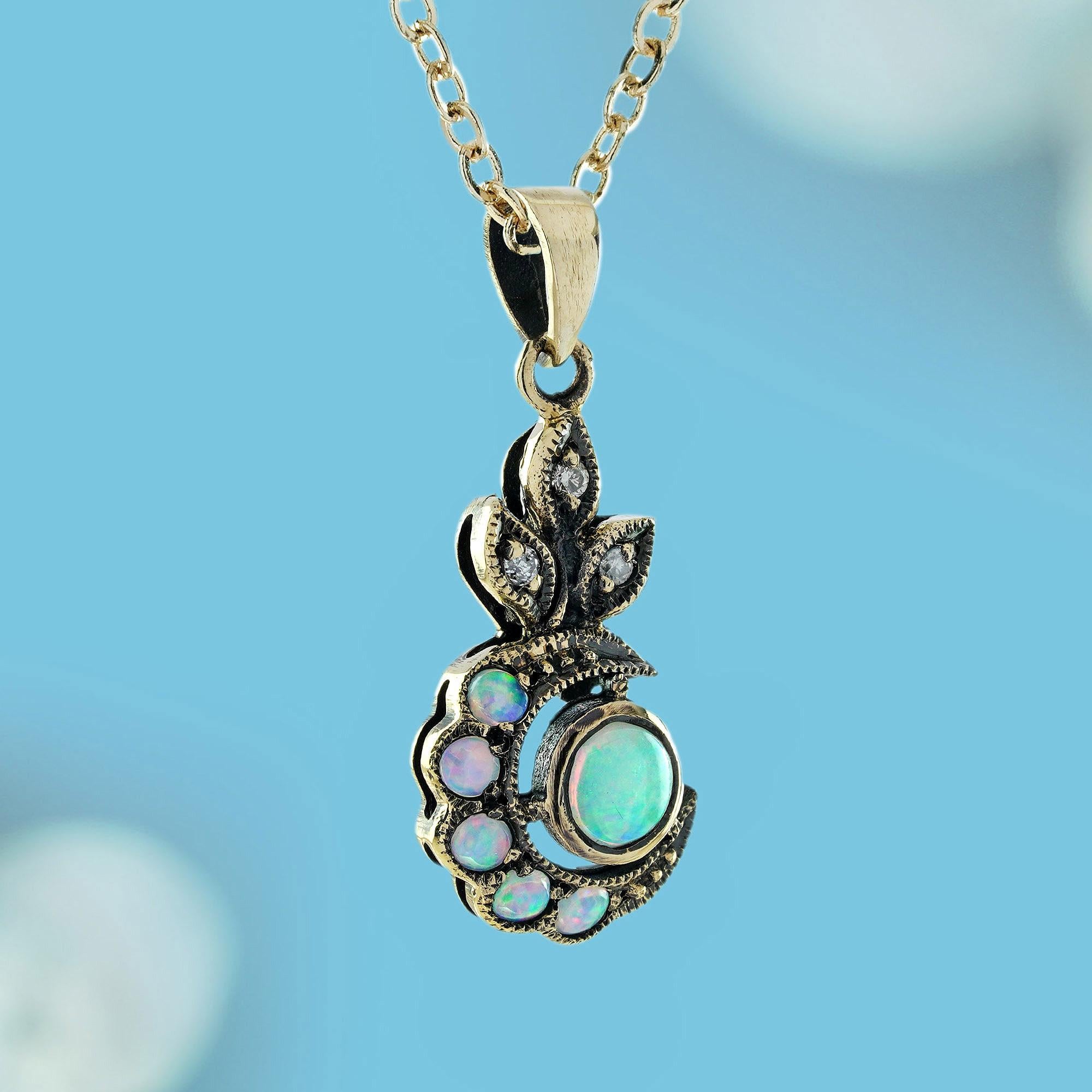 Round Cut Opal and Diamond Vintage Victorian Style Crescent Pendant in Solid 9K Gold
