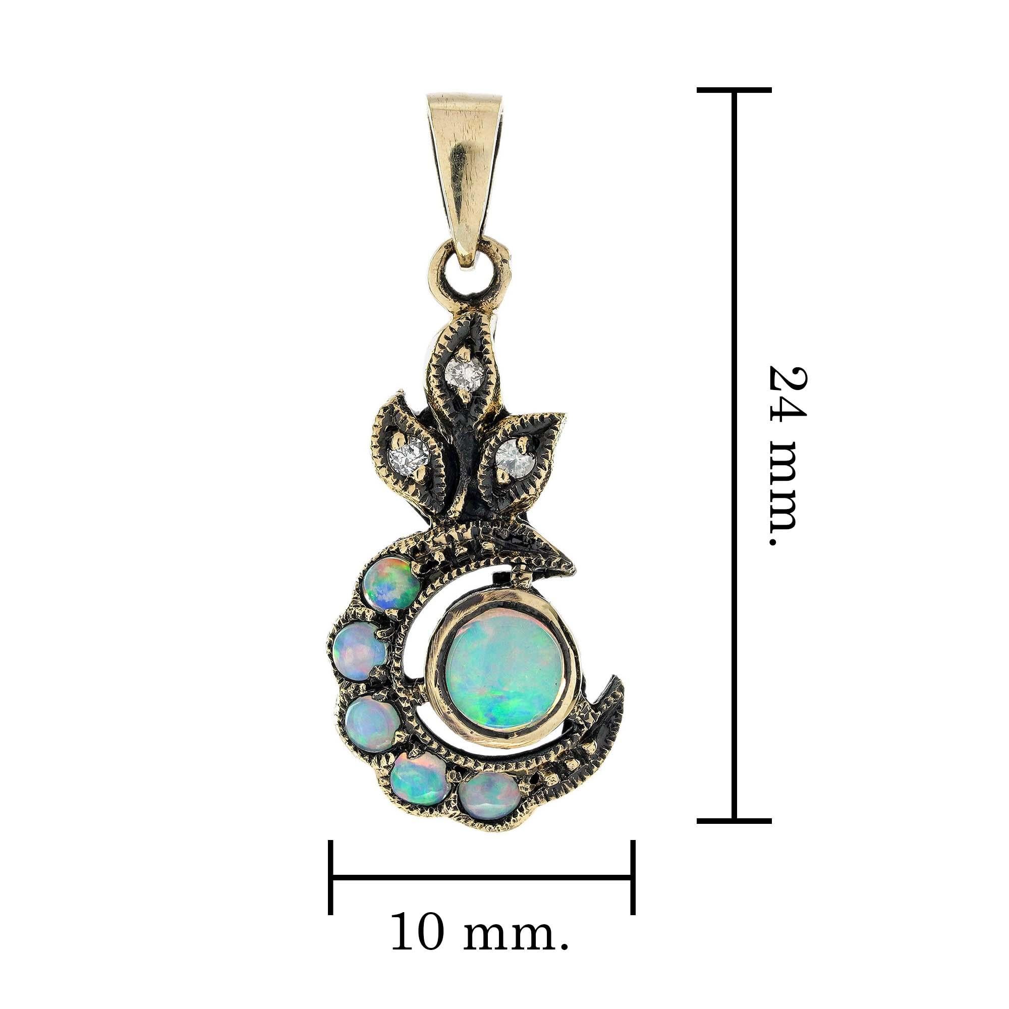 Women's Opal and Diamond Vintage Victorian Style Crescent Pendant in Solid 9K Gold