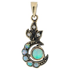 Opal and Diamond Vintage Victorian Style Crescent Pendant in Solid 9K Gold