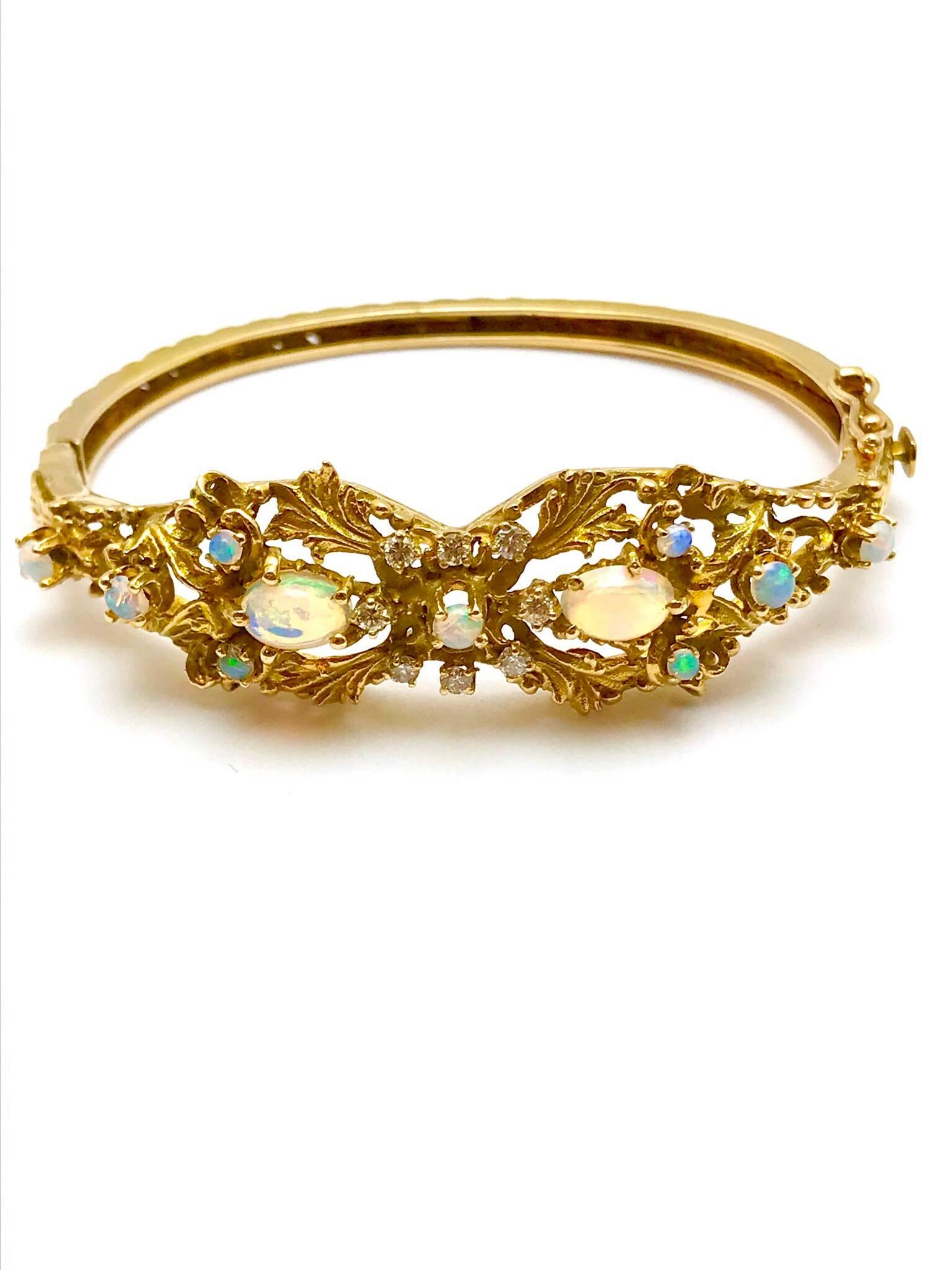 Revival Opal and Diamond Yellow Gold Bangle Bracelet