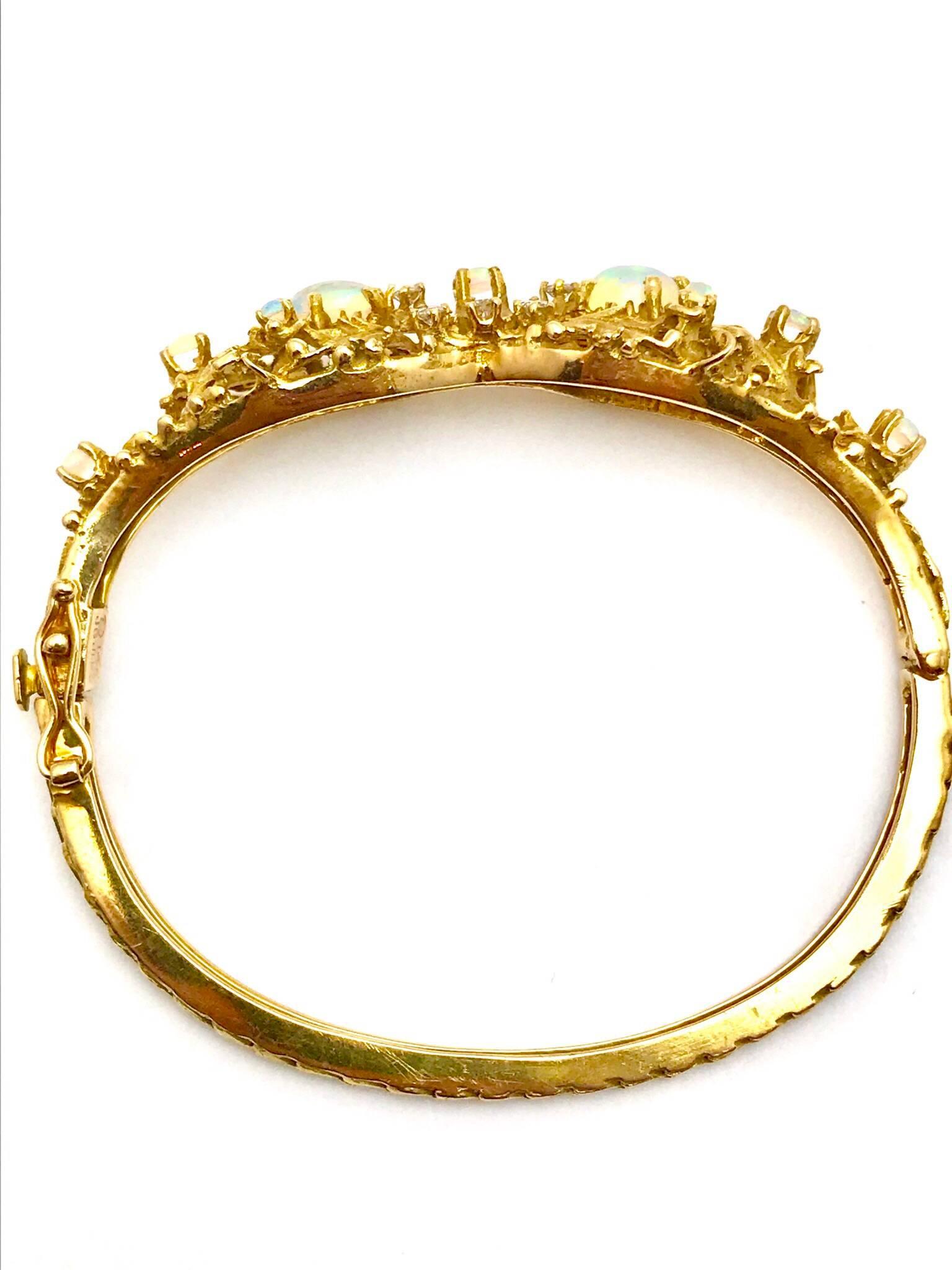 Round Cut Opal and Diamond Yellow Gold Bangle Bracelet