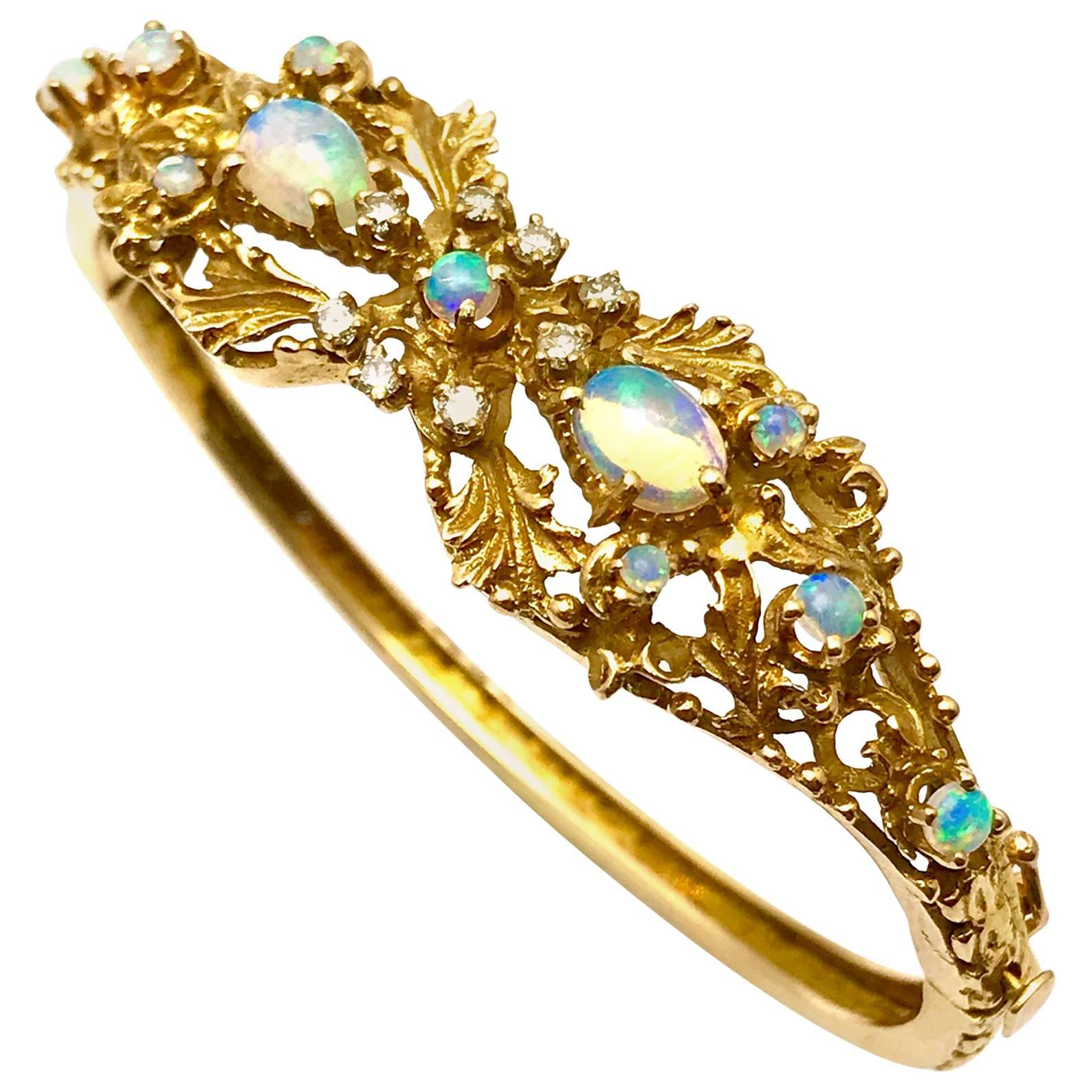 Opal and Diamond Yellow Gold Bangle Bracelet