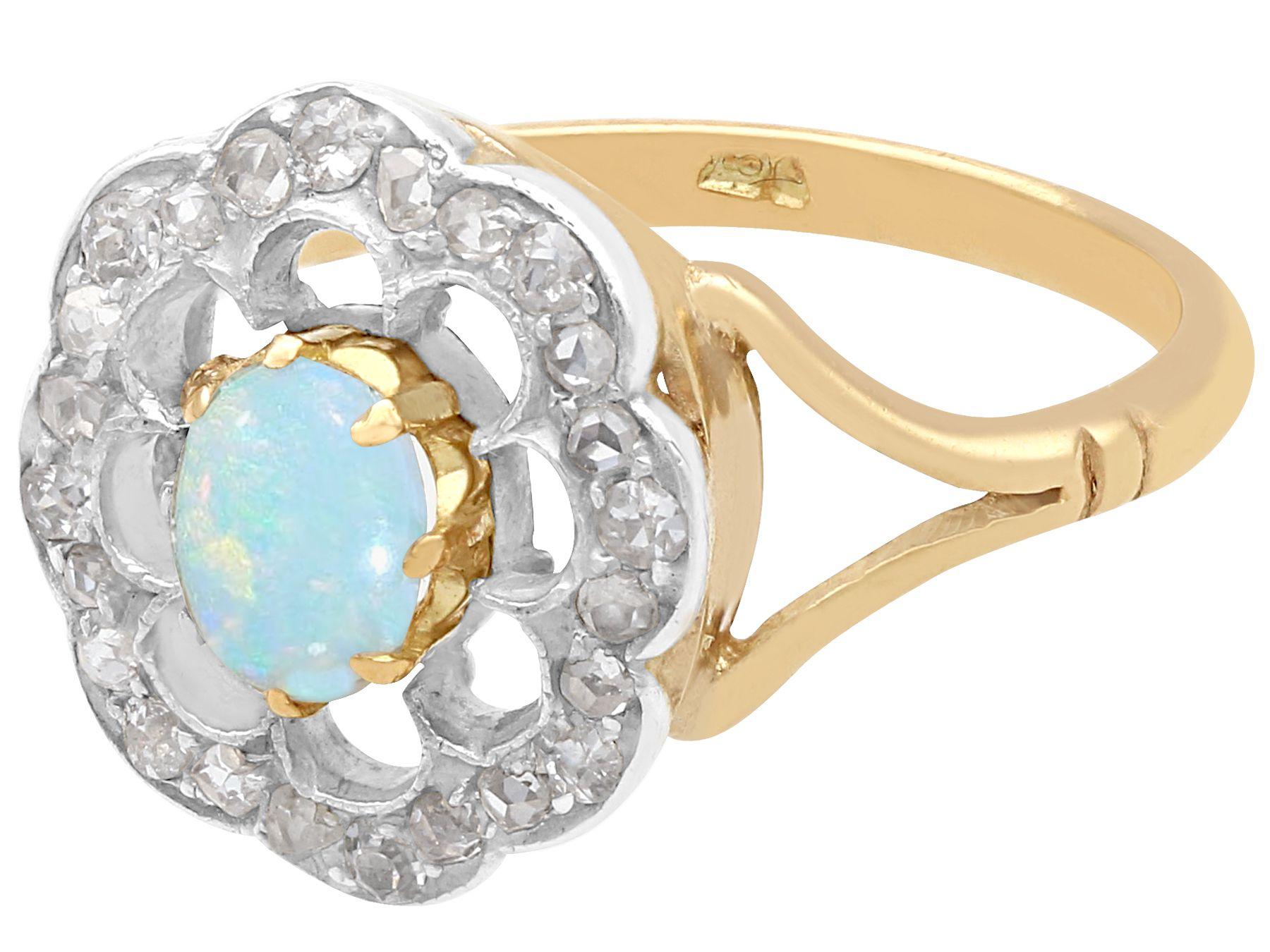 Oval Cut Antique Cabochon Cut Opal and Diamond Yellow Gold Dress Ring For Sale