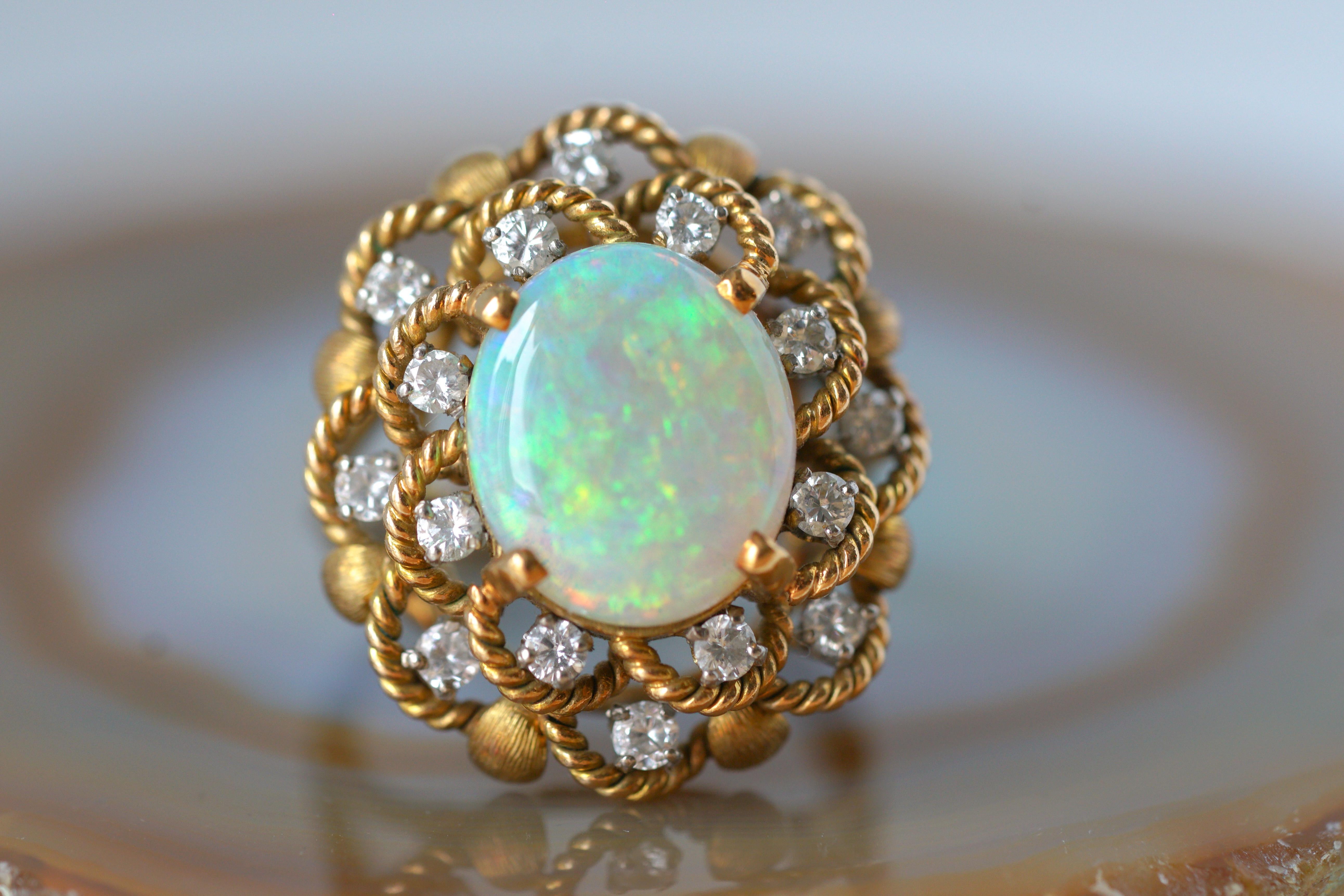 Opal and Diamond Yellow Gold Floral Ring For Sale 4