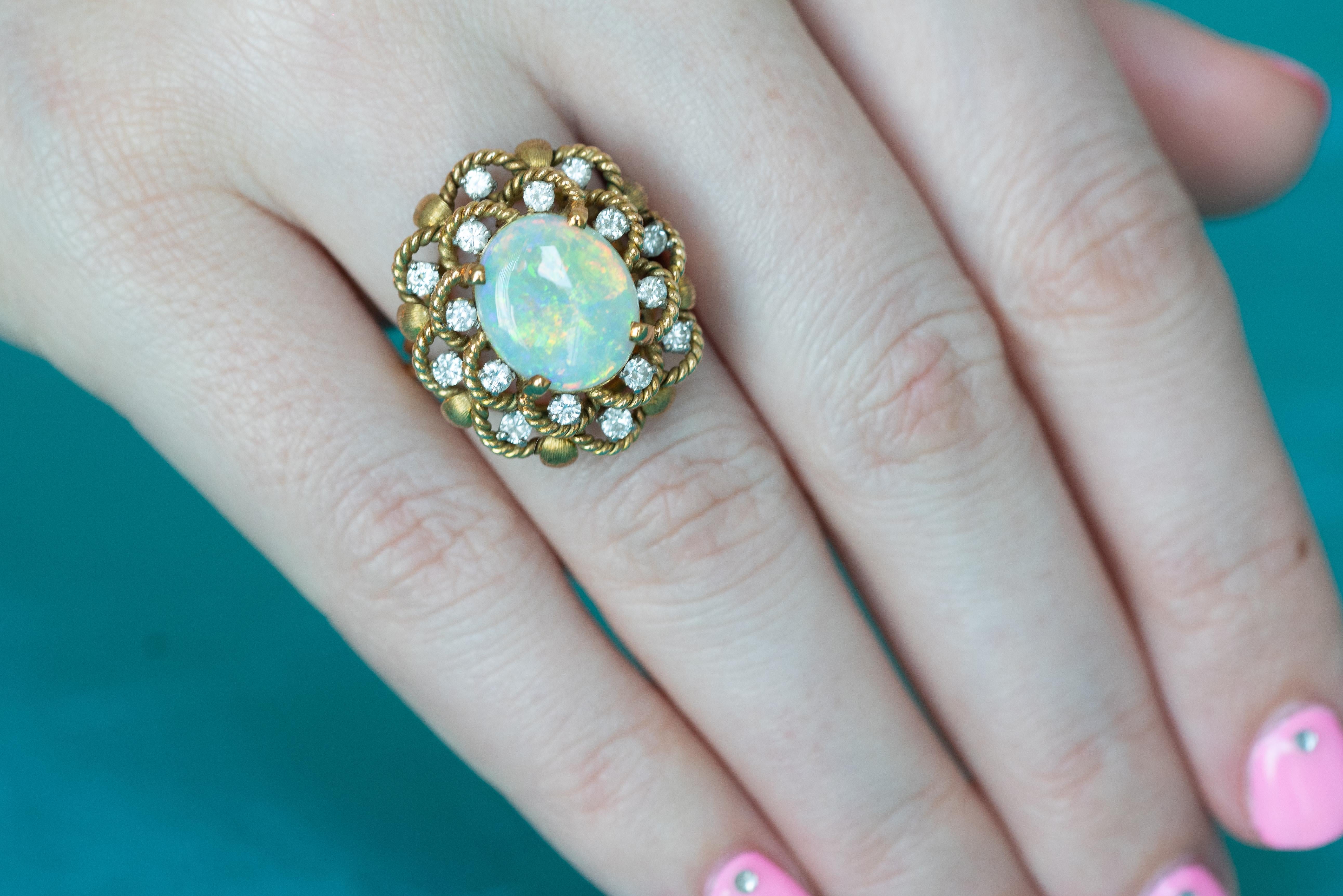 Opal and Diamond Yellow Gold Floral Ring For Sale 5