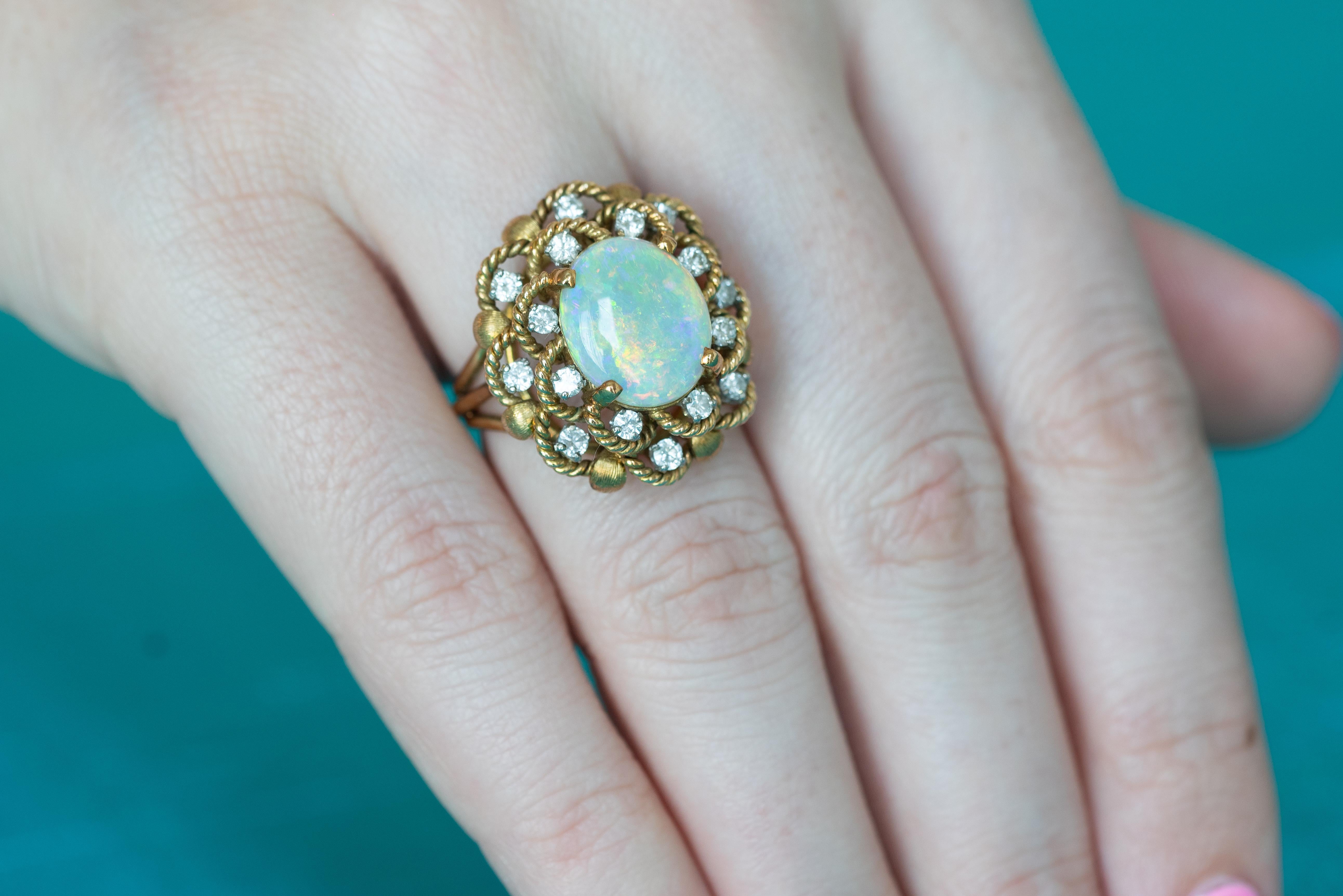 Opal and Diamond Yellow Gold Floral Ring For Sale 6