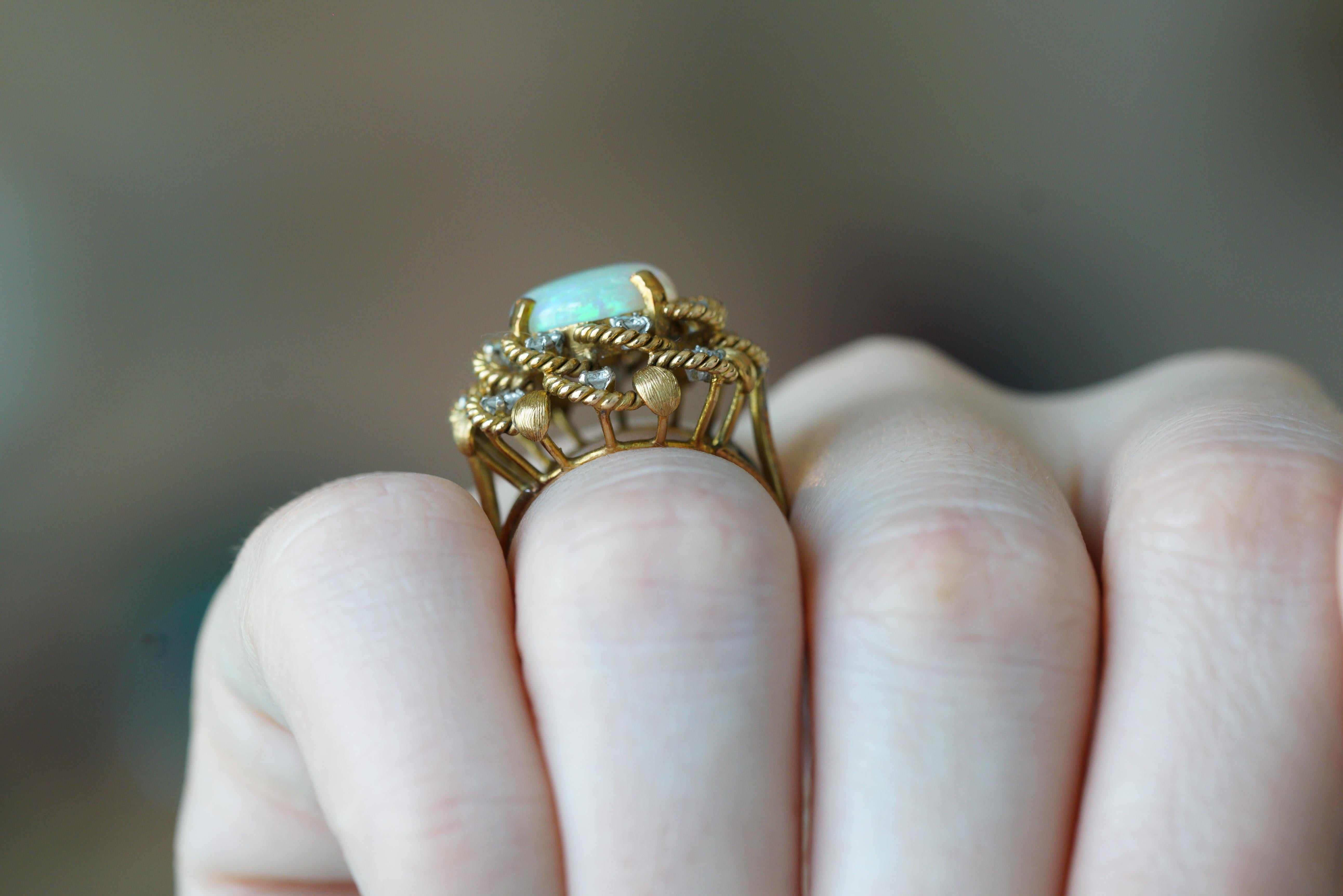Opal and Diamond Yellow Gold Floral Ring For Sale 7