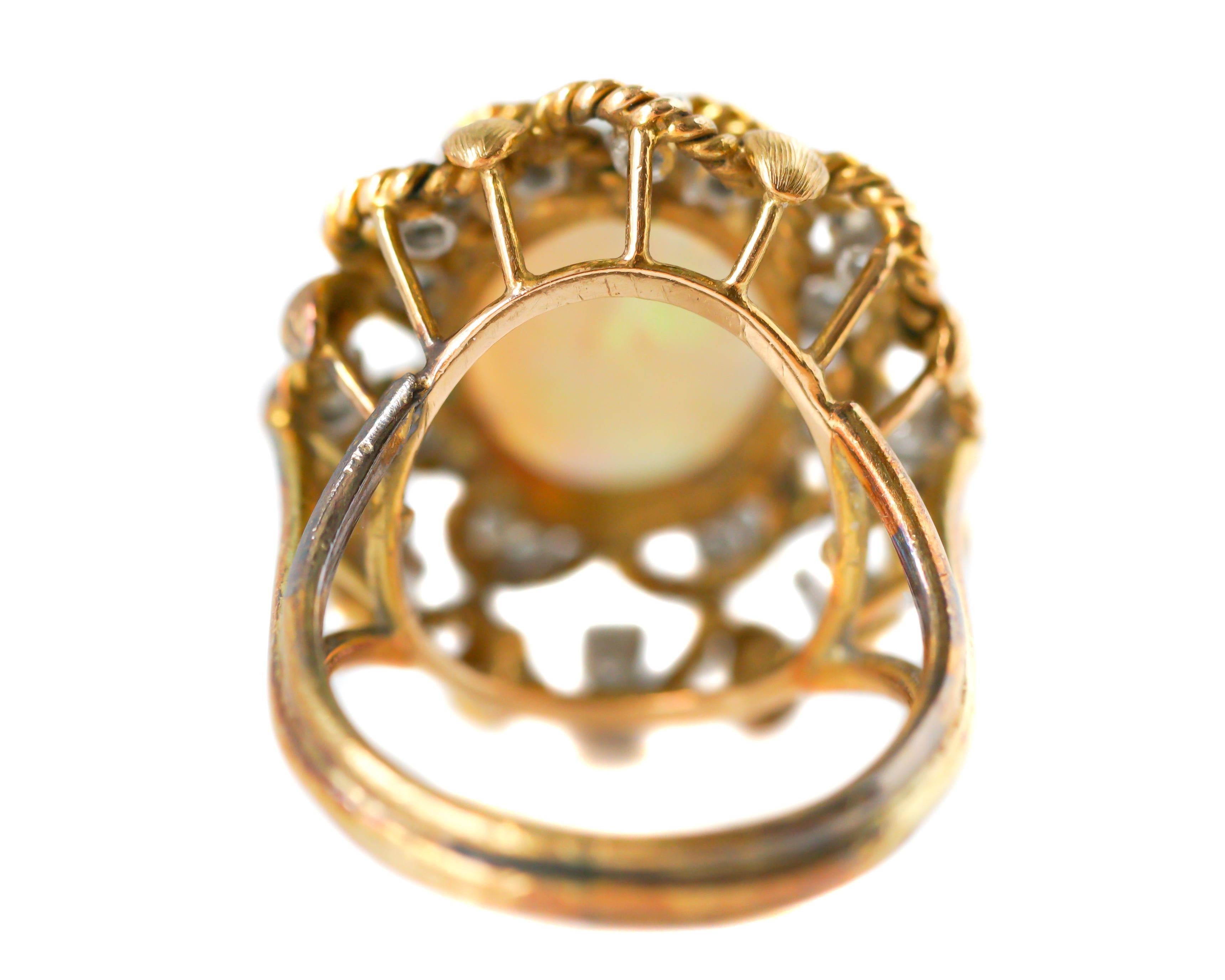 Oval Cut Opal and Diamond Yellow Gold Floral Ring For Sale