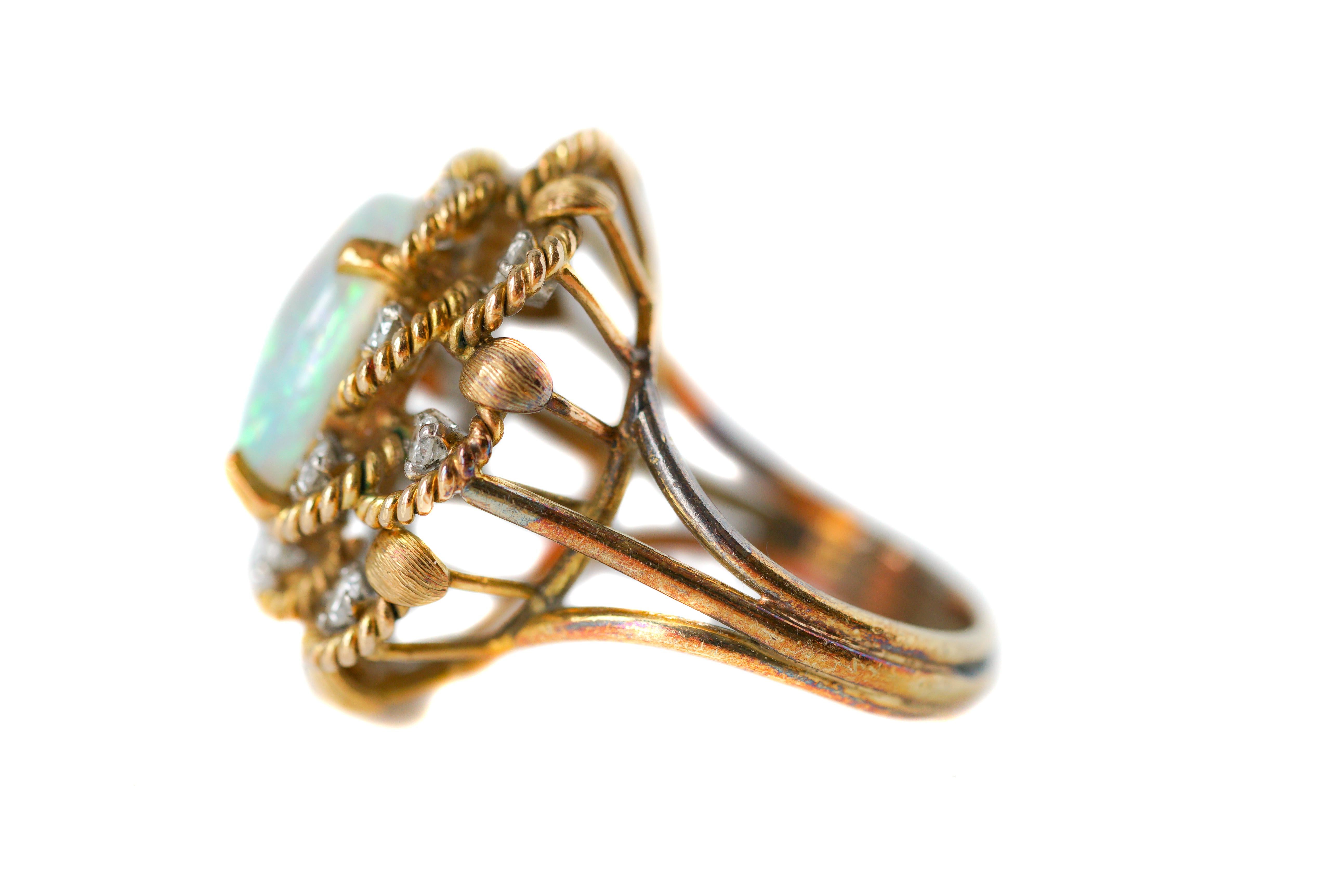 Opal and Diamond Yellow Gold Floral Ring In Good Condition For Sale In Atlanta, GA