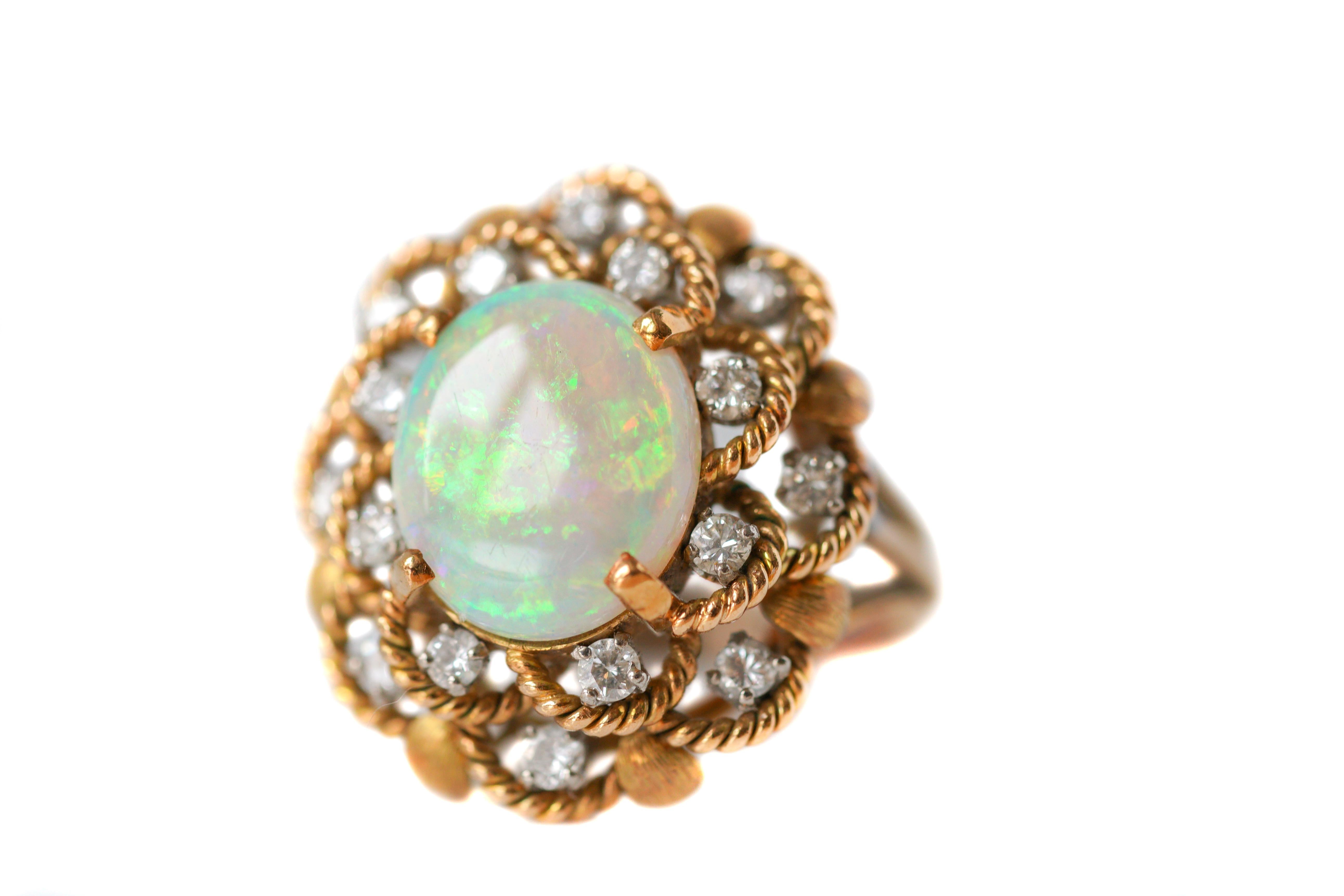 Women's Opal and Diamond Yellow Gold Floral Ring For Sale