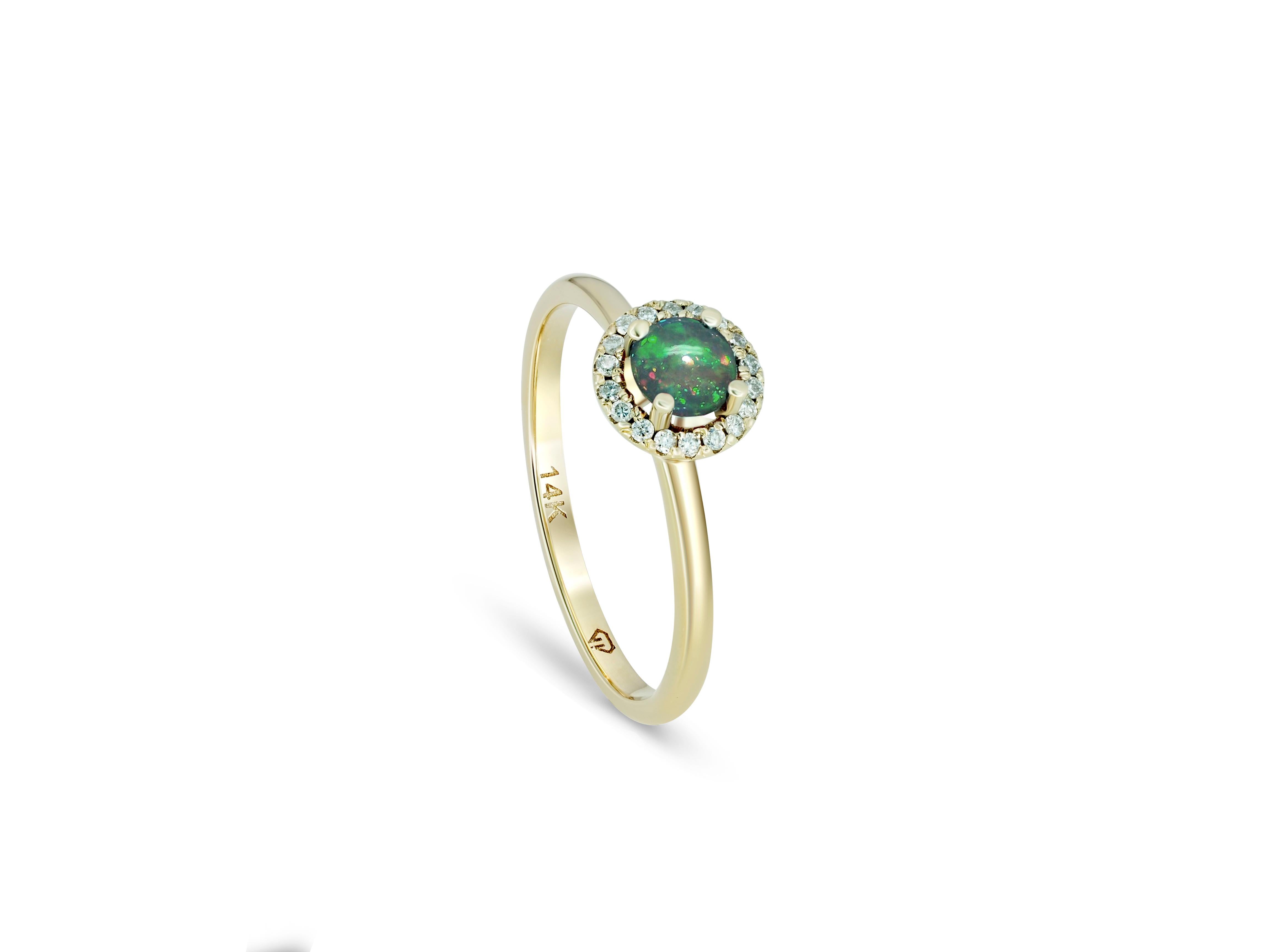 For Sale:  Opal and Diamonds 14k Gold Ring. Round Halo Opal Gold Ring! 4