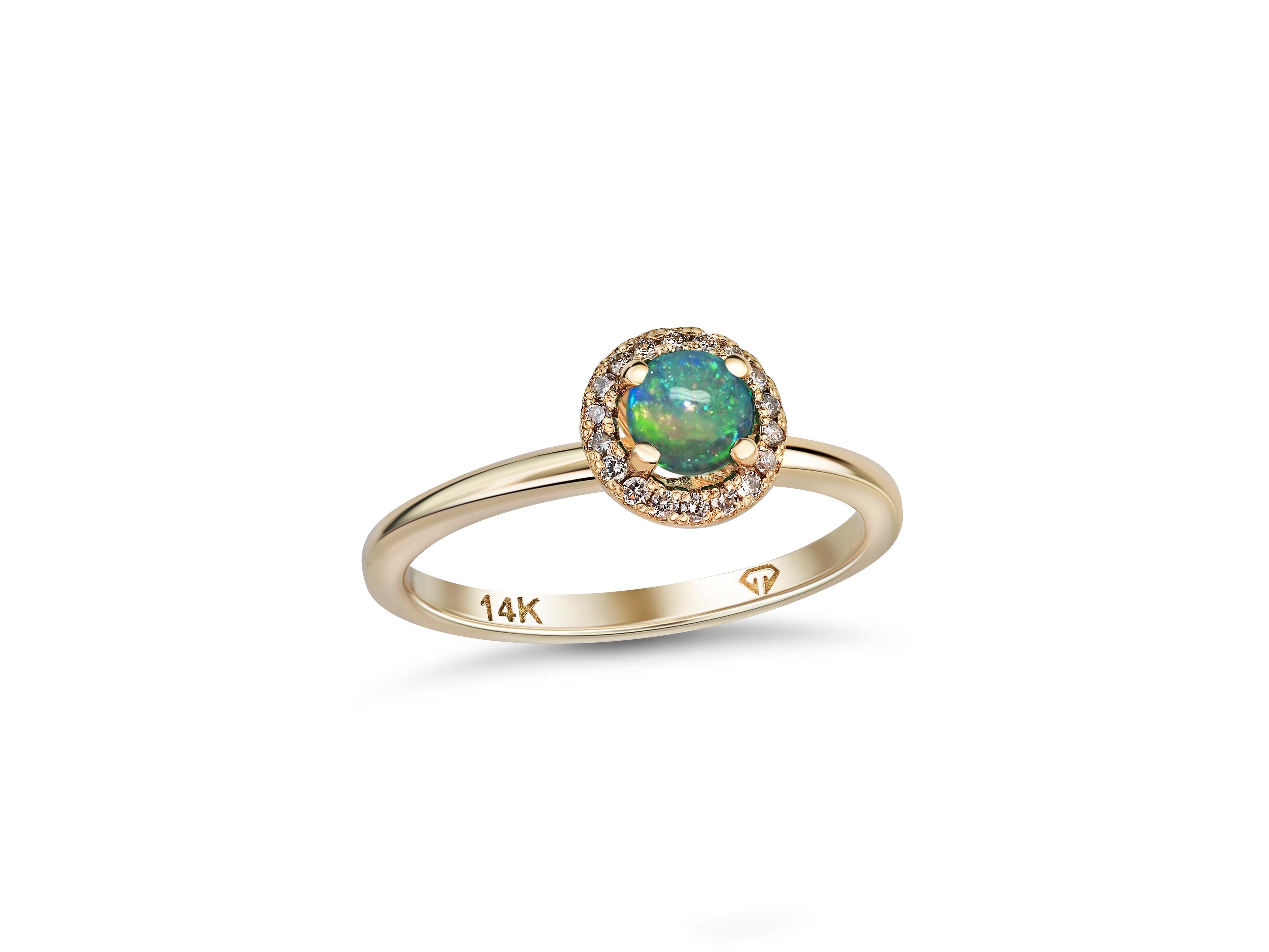 For Sale:  Opal and Diamonds 14k Gold Ring. Round Halo Opal Gold Ring! 5