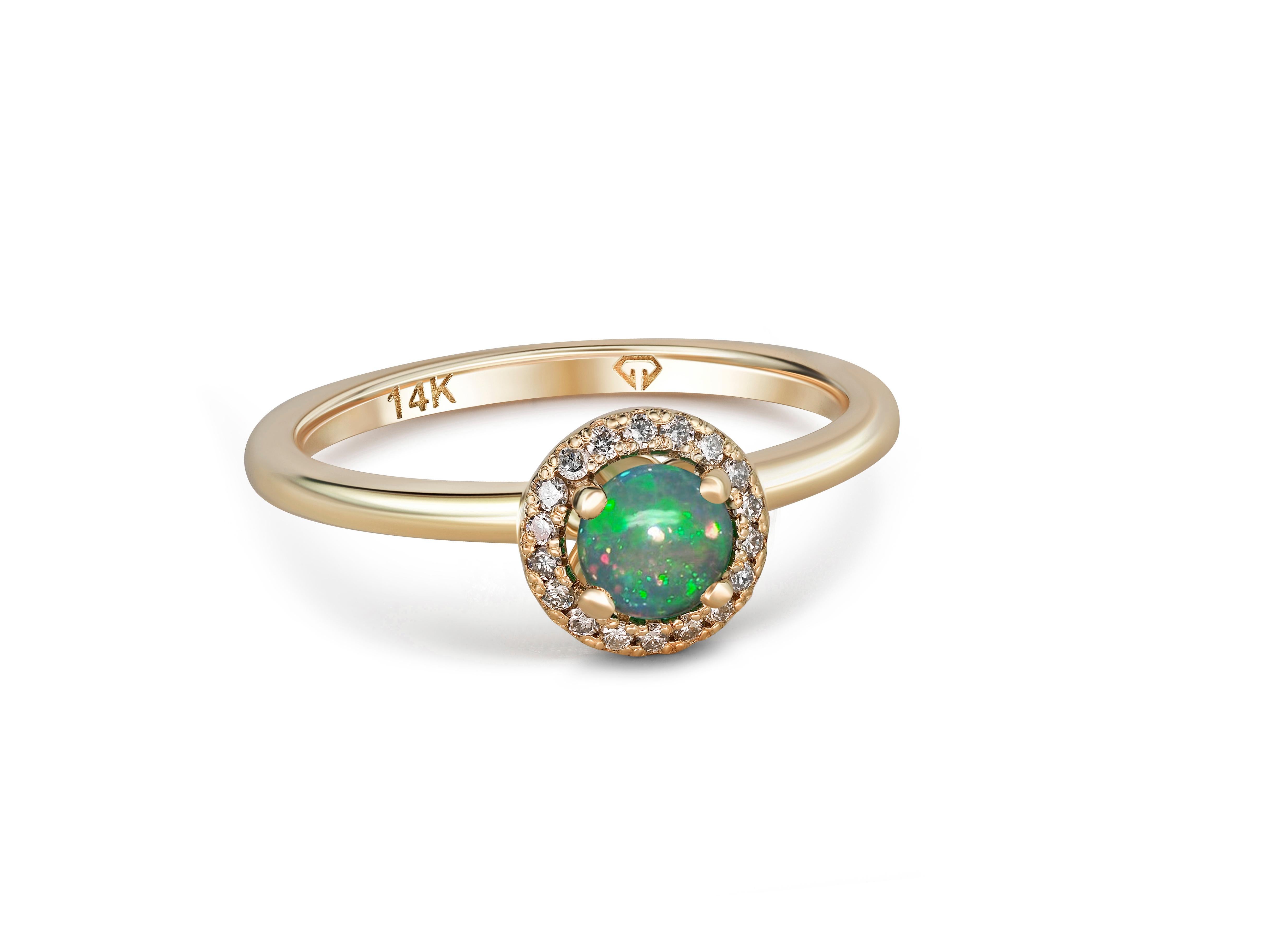 For Sale:  Opal and Diamonds 14k Gold Ring. Round Halo Opal Gold Ring! 6