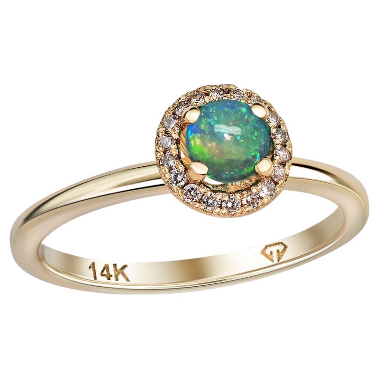Customizable Opal and Diamonds 14k Gold Ring. Round Halo Opal Gold Ring