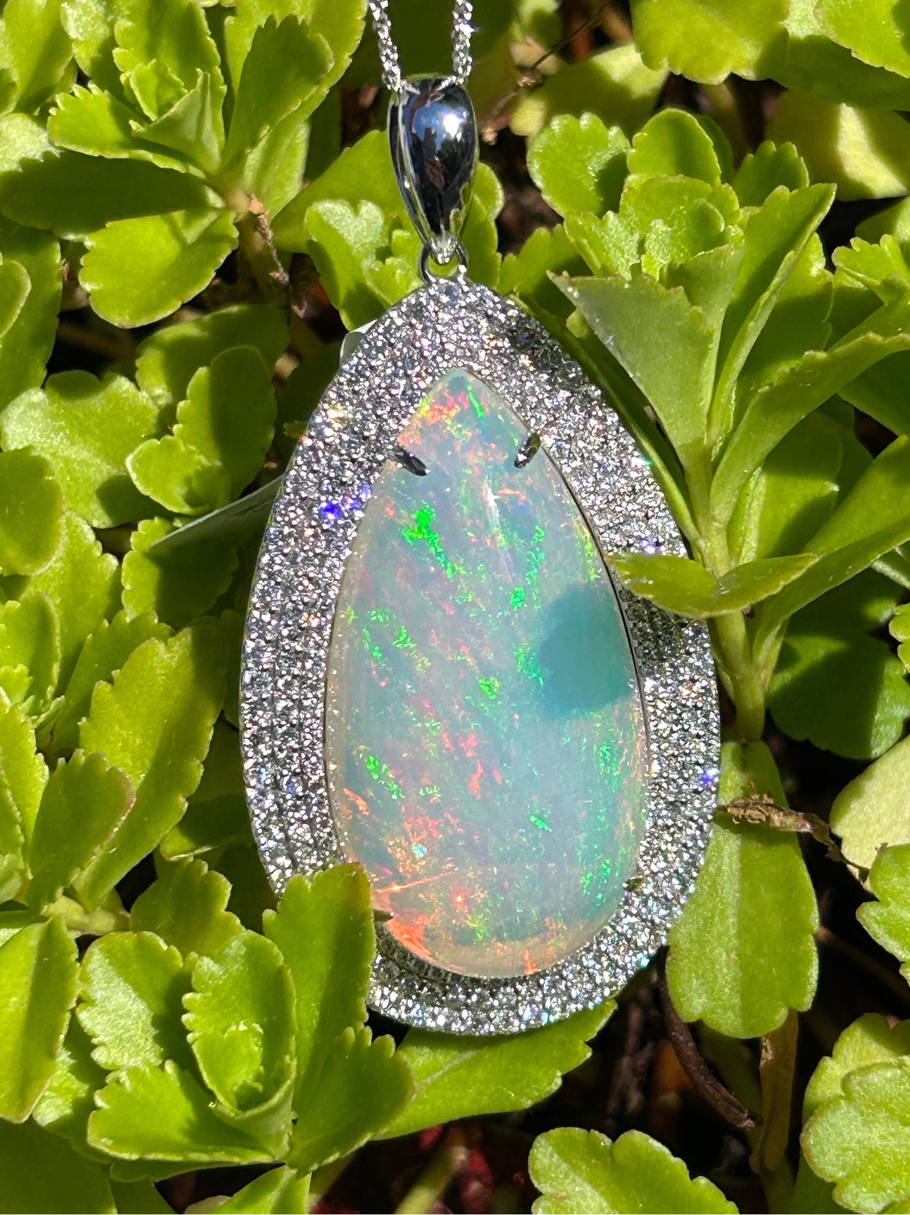 Artisan 49 Carat Pear Cut Opal and Diamond White Gold Pendant Necklace For Sale