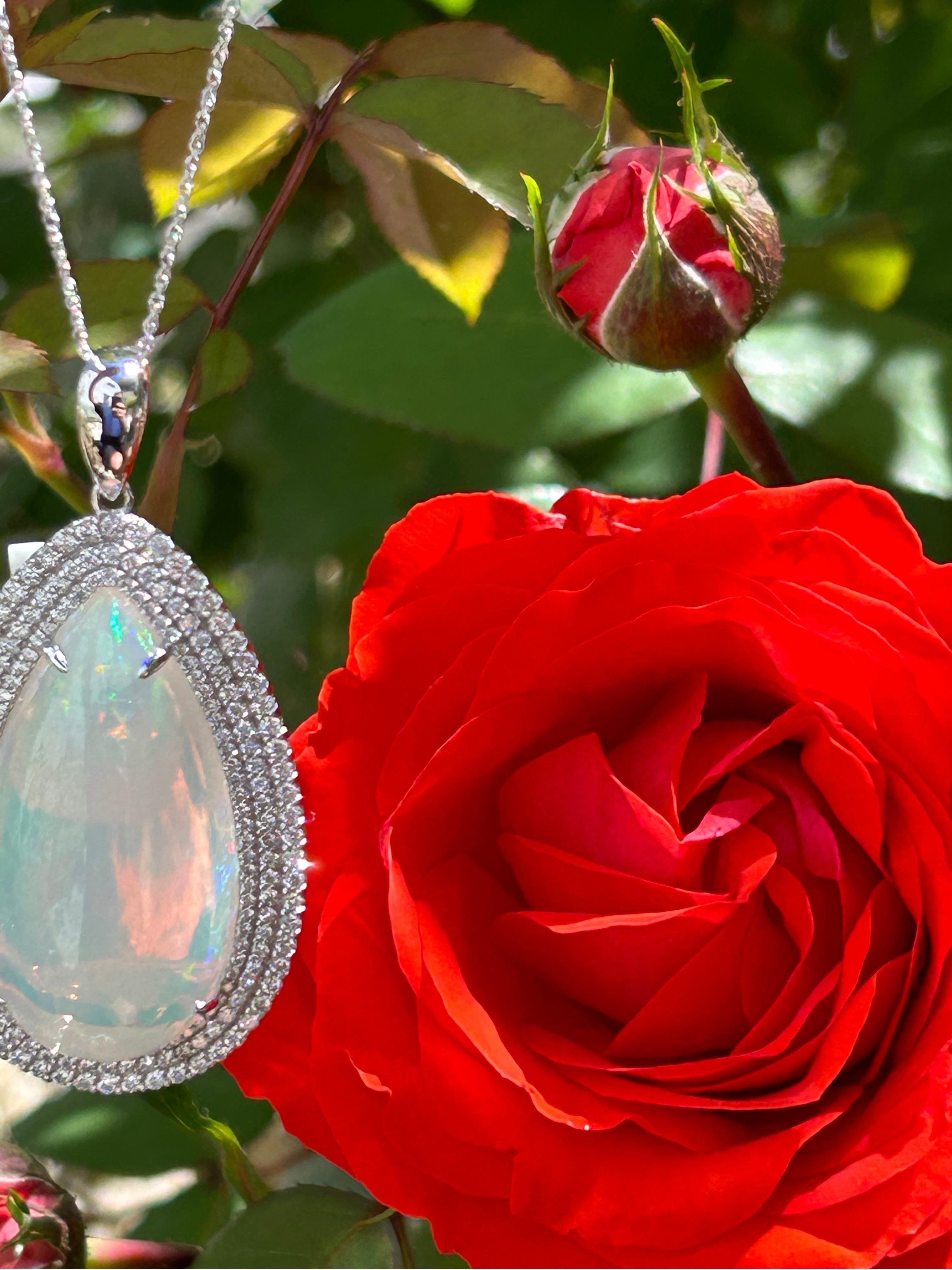 Women's or Men's 49 Carat Pear Cut Opal and Diamond White Gold Pendant Necklace For Sale