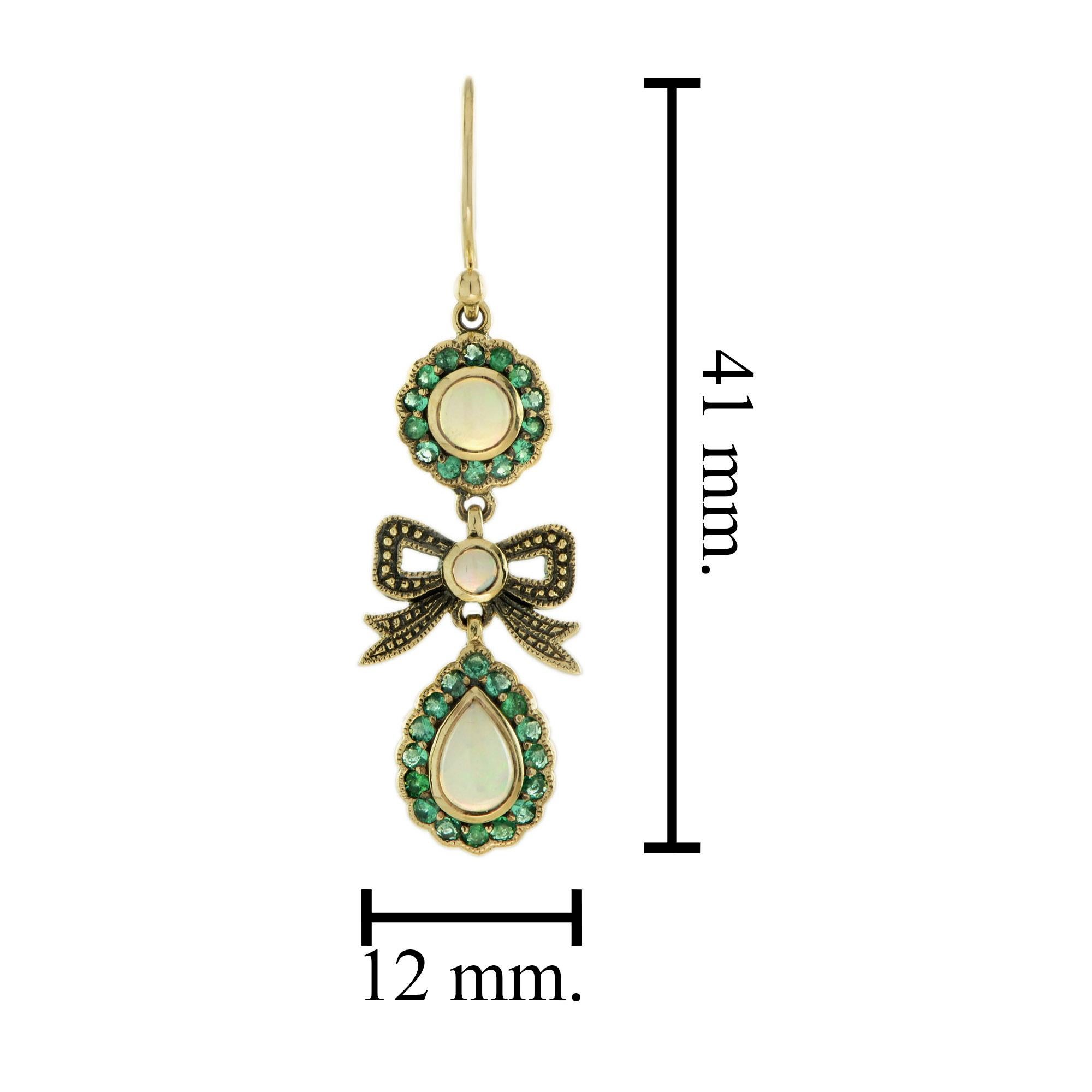 Opal and Emerald Accent Vintage Style Bow Drop Earrings in 9k Yellow Gold In New Condition In Bangkok, TH
