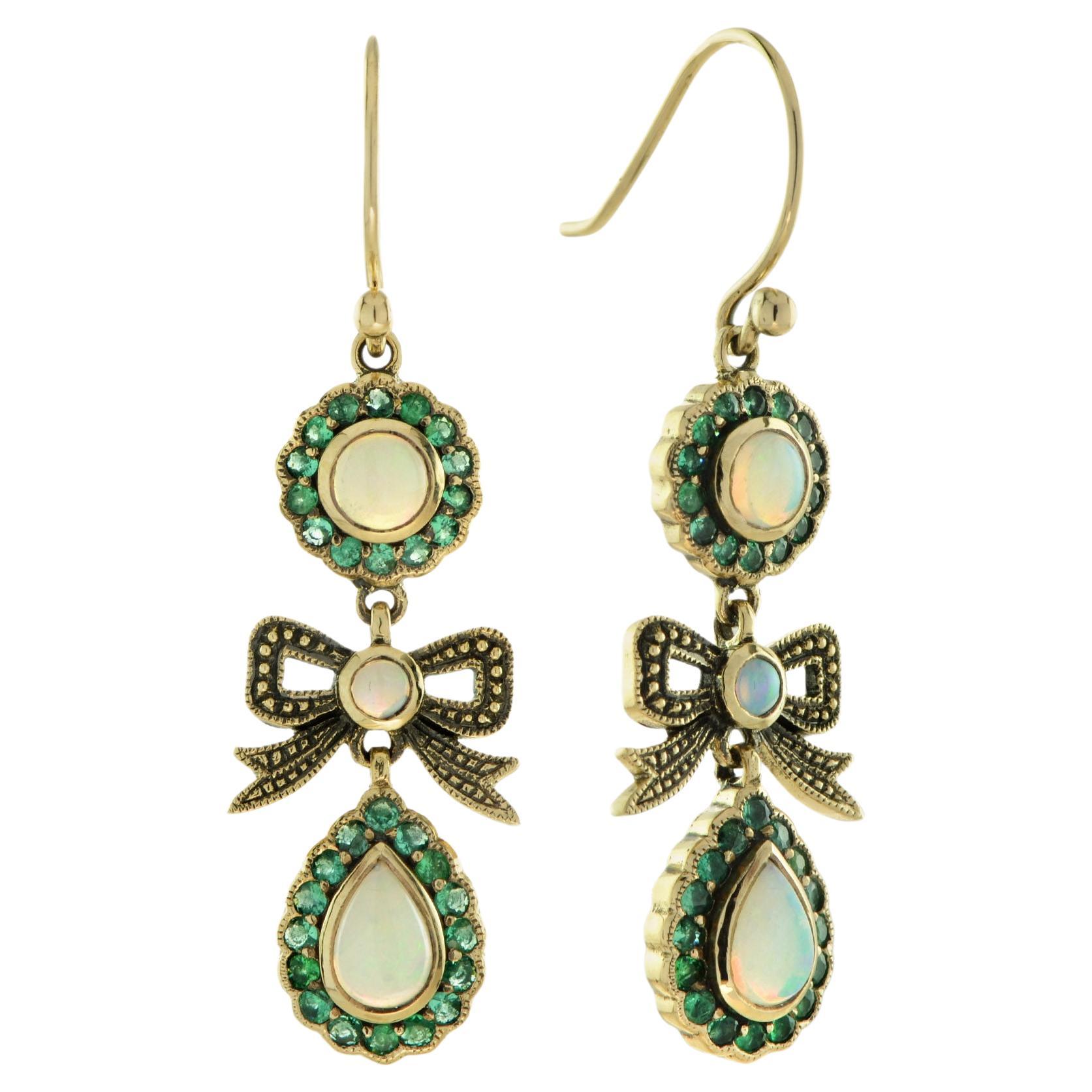 Opal and Emerald Accent Vintage Style Bow Drop Earrings in 9k Yellow Gold