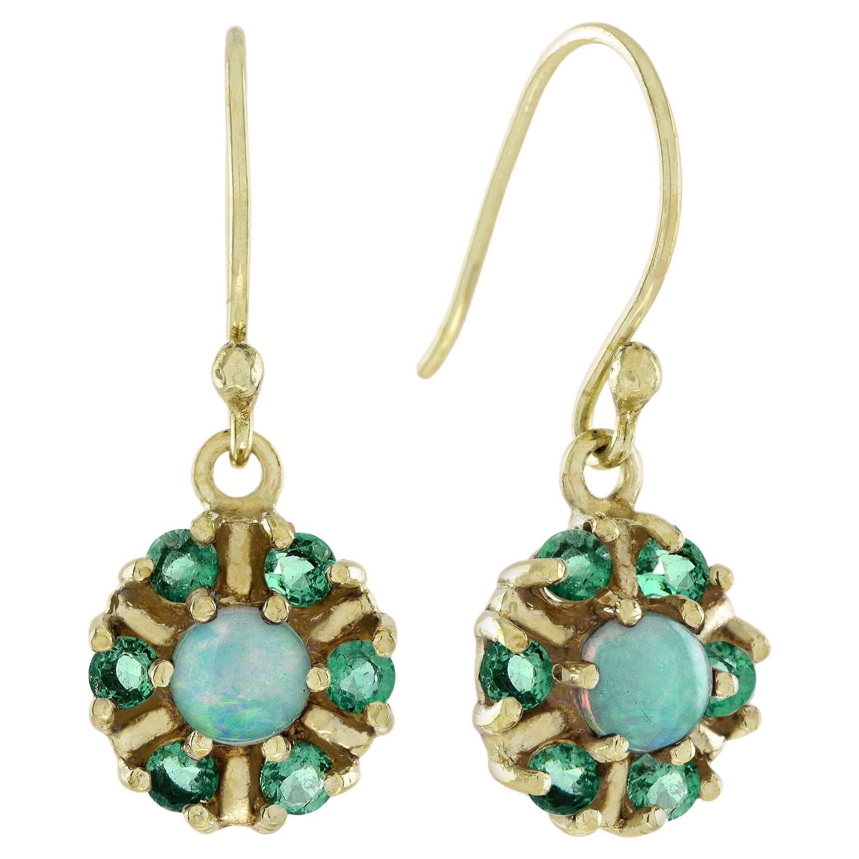 Opal and Emerald Vintage Style Dangle Earrings in 14K Yellow Gold