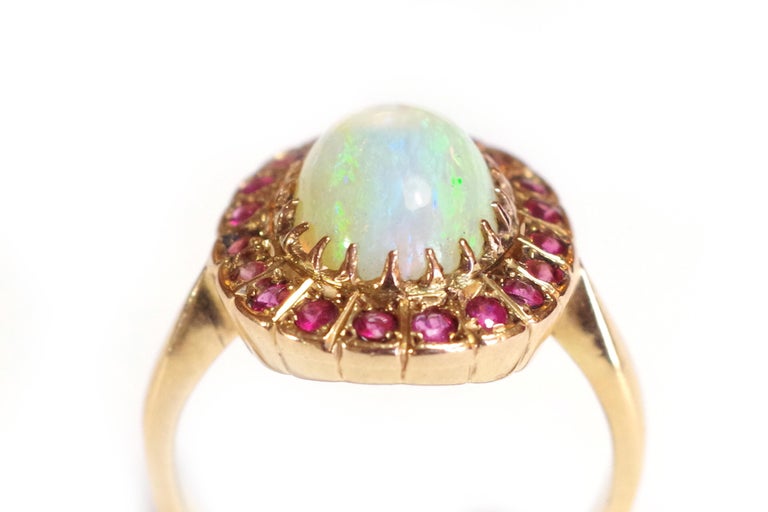 Post-War Opal and Garnet Cluster Ring in 18k Gold, Vintage Cluster Ring For Sale