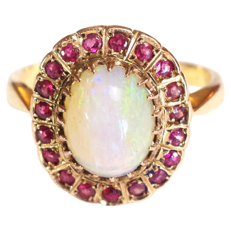 Opal and Garnet Cluster Ring in 18k Gold, Vintage Cluster Ring For Sale