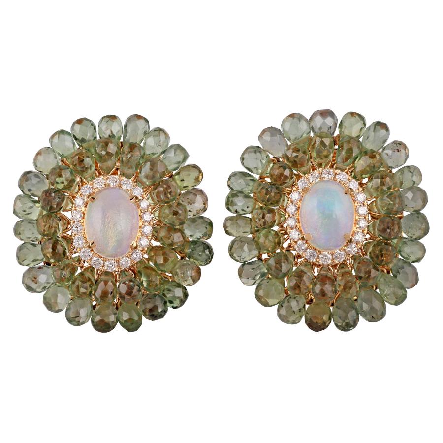 Opal and Green Sapphire Diamond Earring in 18 Karat Yellow Gold