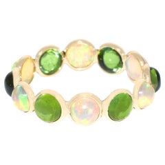 Opal and Green Tourmaline Round Cabochon Band, Yellow Gold