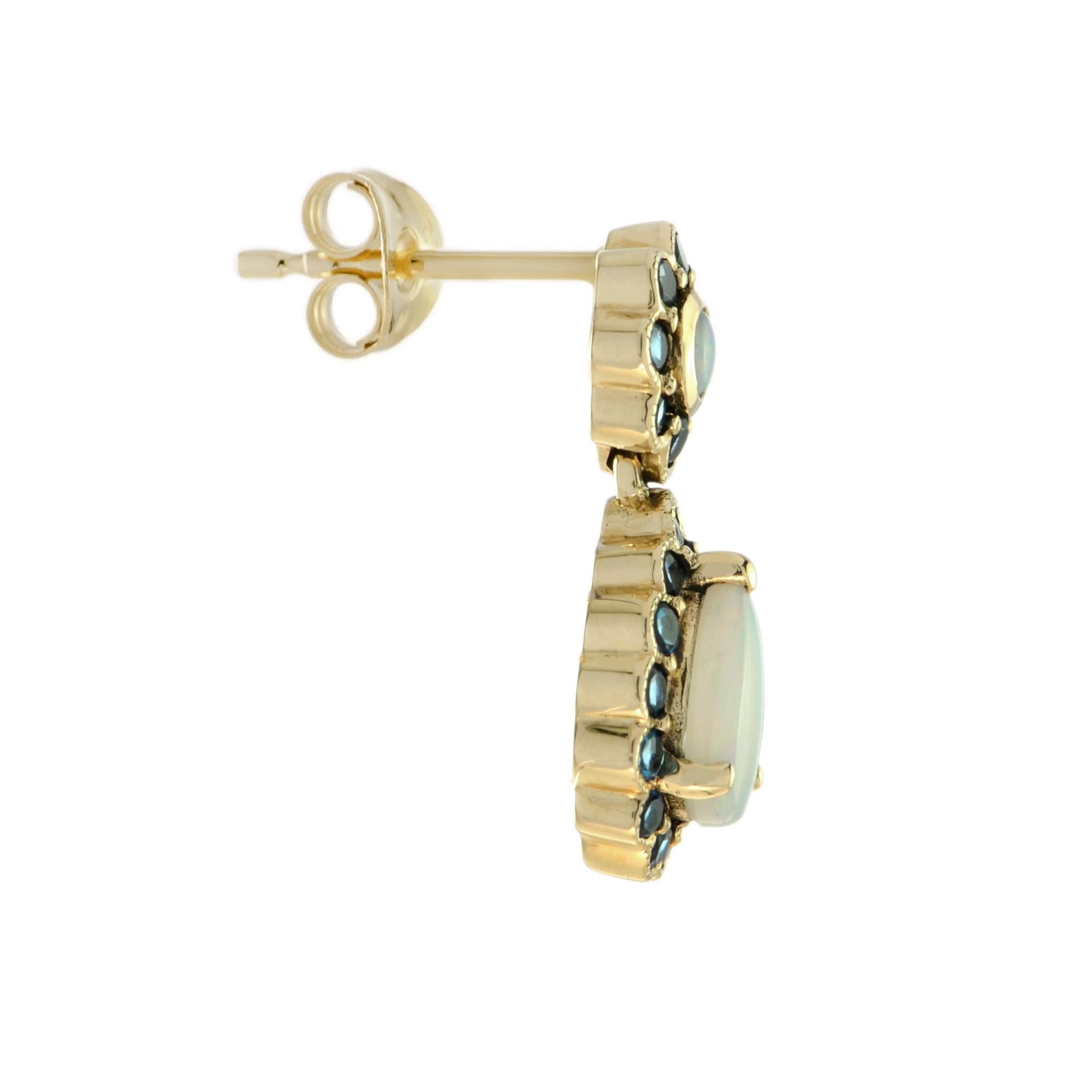 Art Deco Opal and London Blue Topaz Vintage Style Drop Earrings in 9K Yellow Gold For Sale