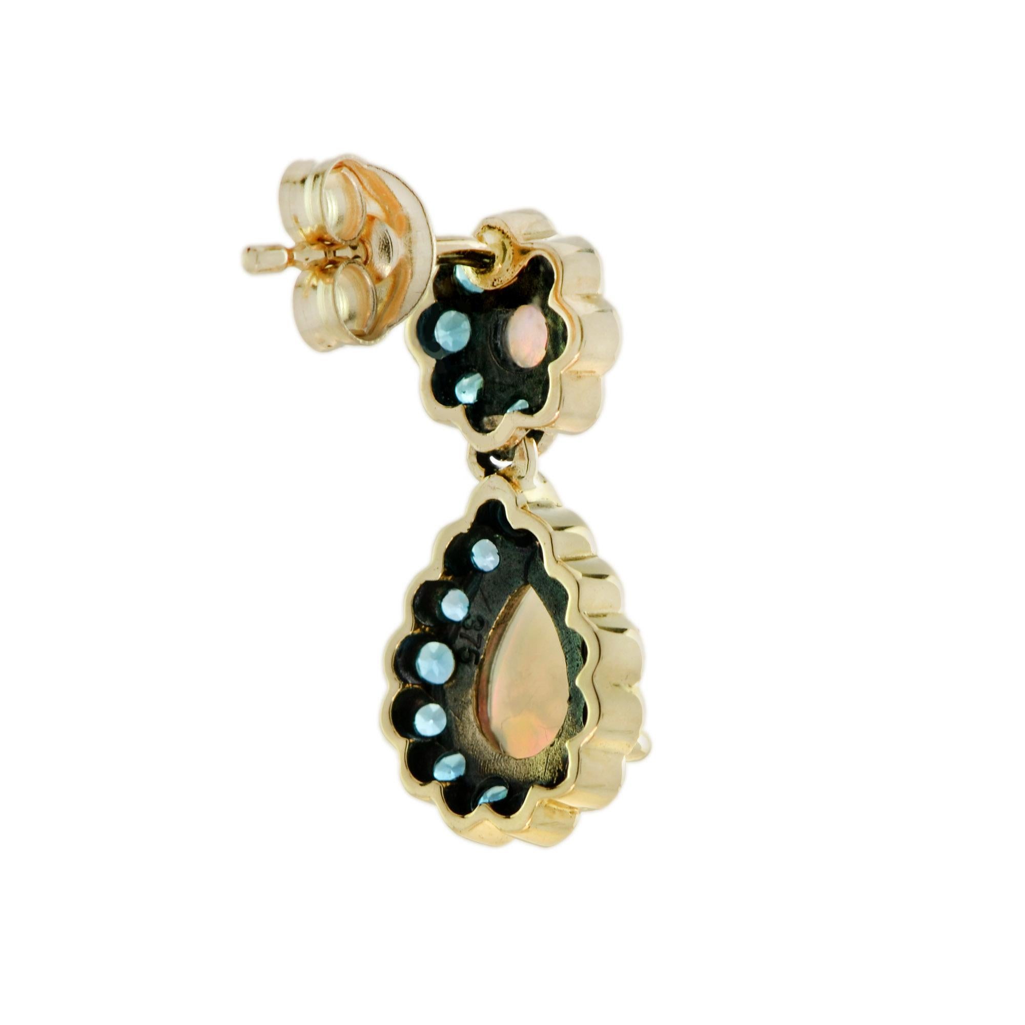 Pear Cut Opal and London Blue Topaz Vintage Style Drop Earrings in 9K Yellow Gold For Sale