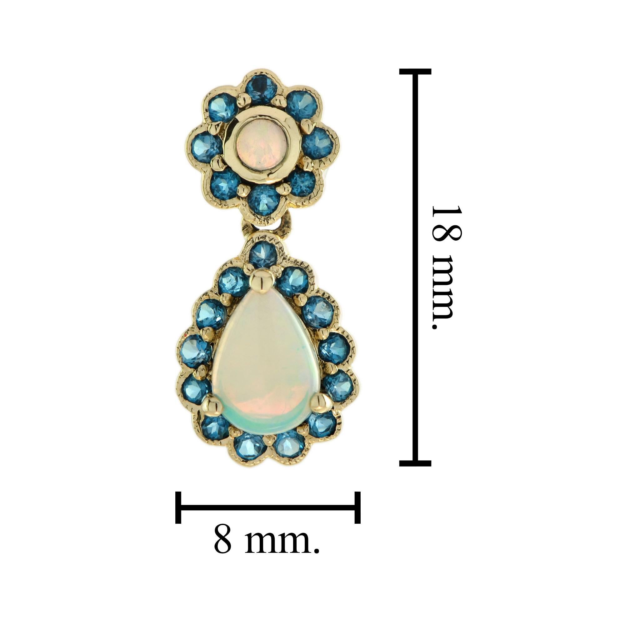 Opal and London Blue Topaz Vintage Style Drop Earrings in 9K Yellow Gold In New Condition For Sale In Bangkok, TH