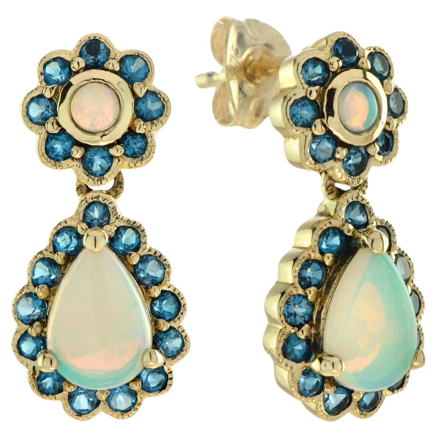 Opal and London Blue Topaz Vintage Style Drop Earrings in 9K Yellow Gold For Sale