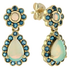Opal and London Blue Topaz Vintage Style Drop Earrings in 9K Yellow Gold