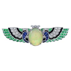 Opal and Multi Gemstone Antique Style Wing Brooch in 18K White Gold