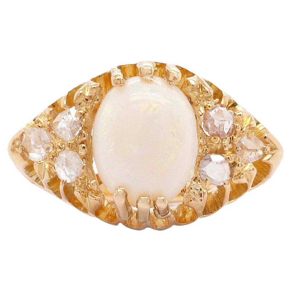 Opal and Old Cut Diamond 18 Carat Yellow Gold Navette Cluster Ring