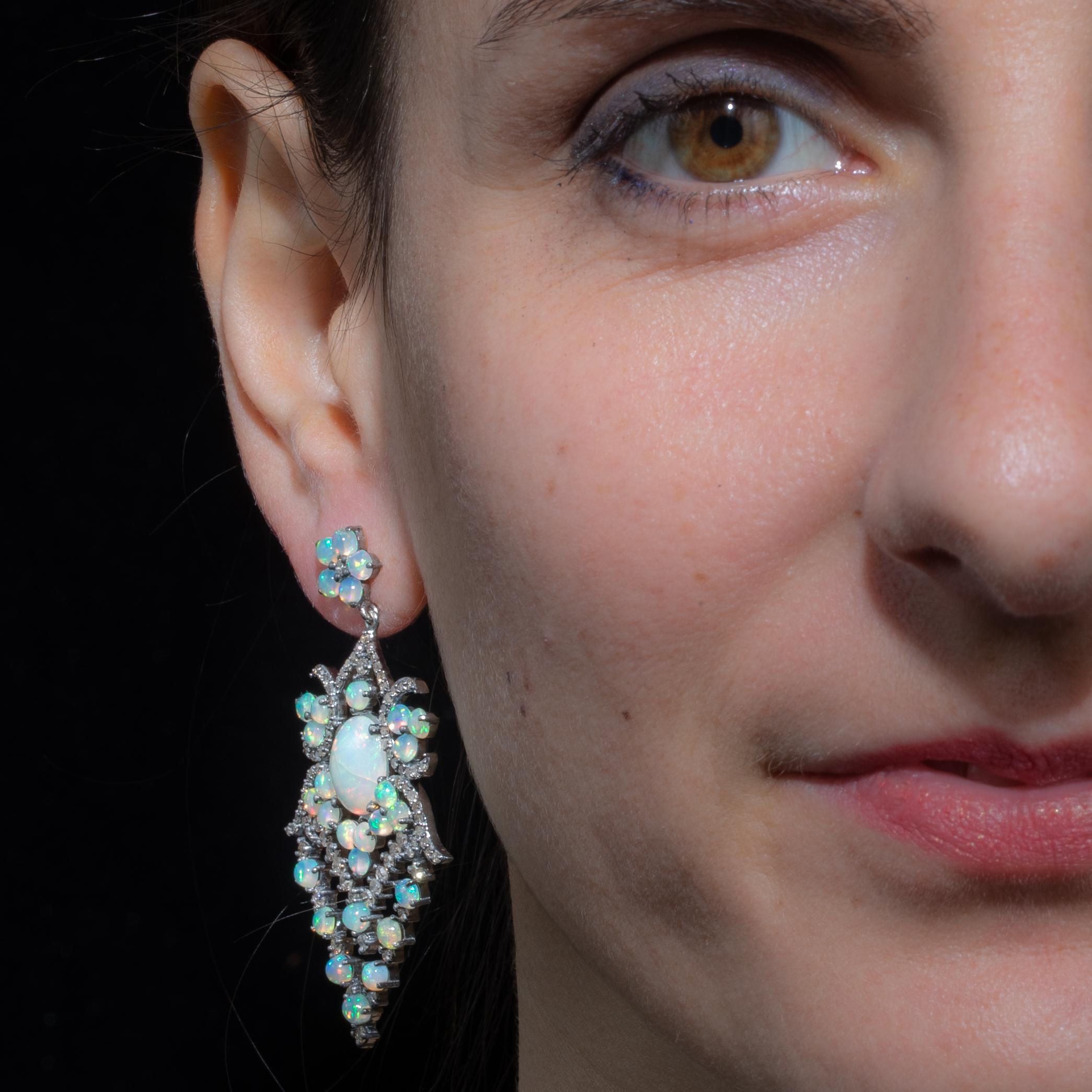 Women's or Men's Opal and Pavé Diamond Dangle Chandelier Earrings