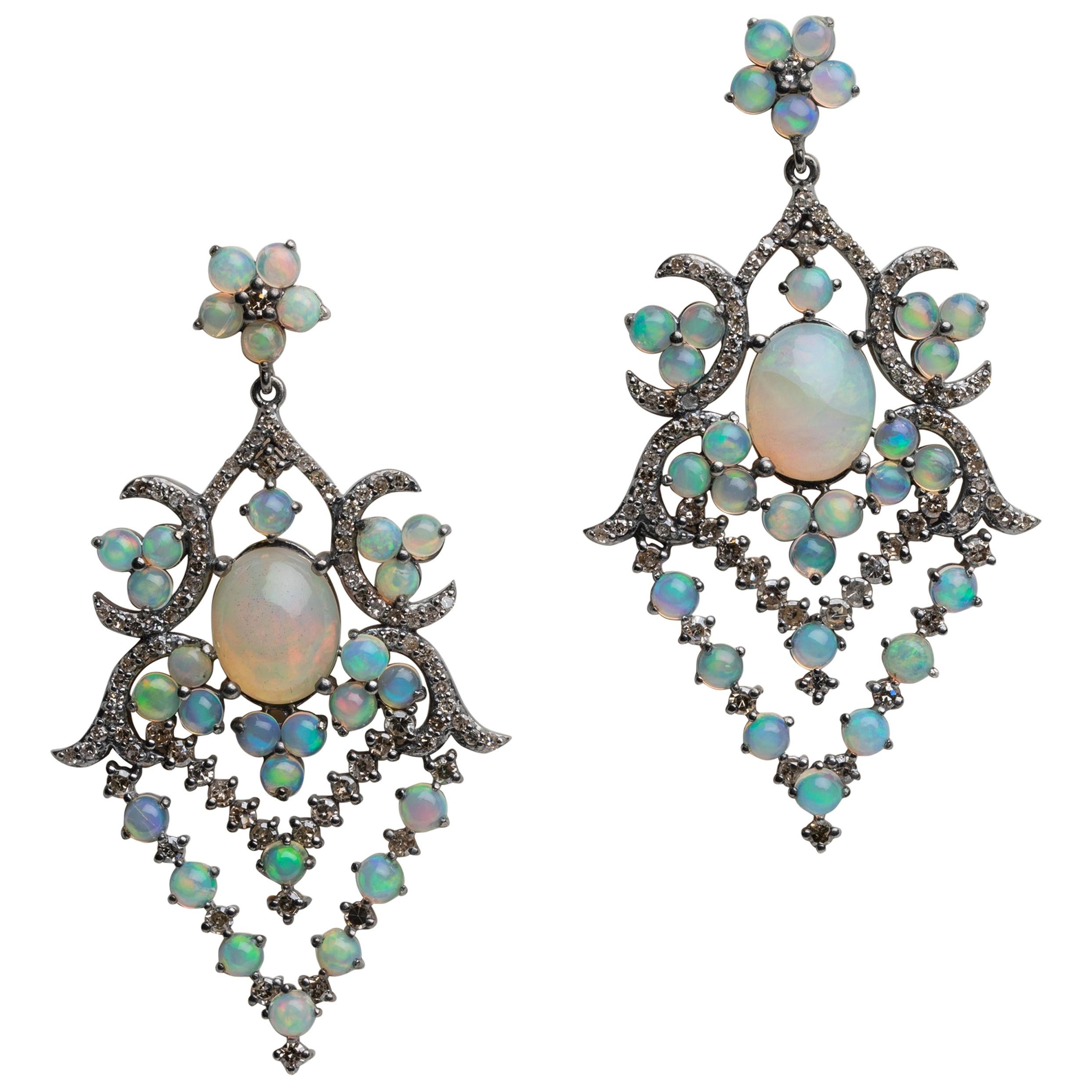 Opal and Pavé Diamond Dangle Chandelier Earrings