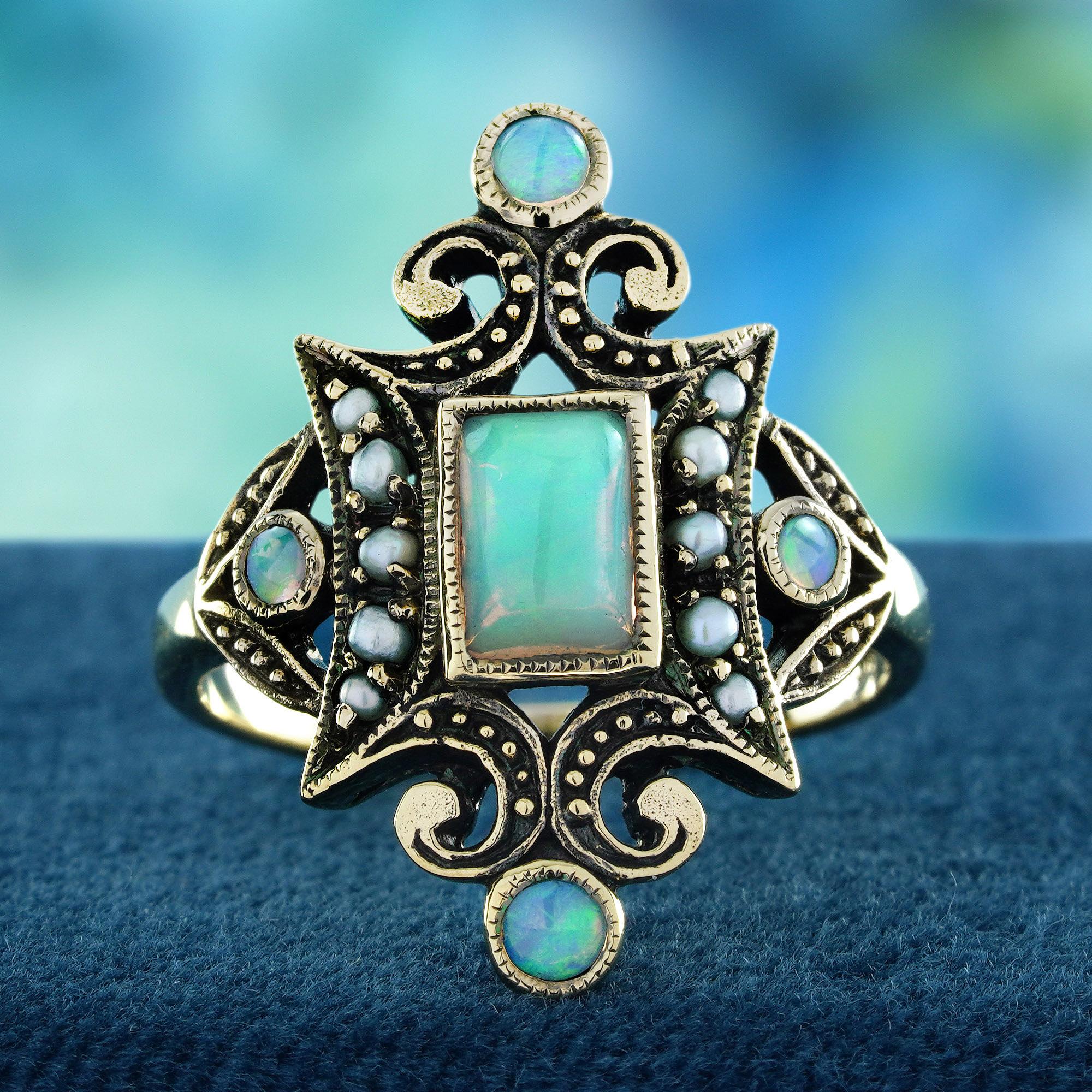 Step into the world of timeless beauty with this Natural Opal and Pearl Victorian Style Cocktail Ring in Solid 9K Yellow Gold. A stunning piece that combines vintage allure with modern sophistication.
The natural opal radiates captivating flashes of