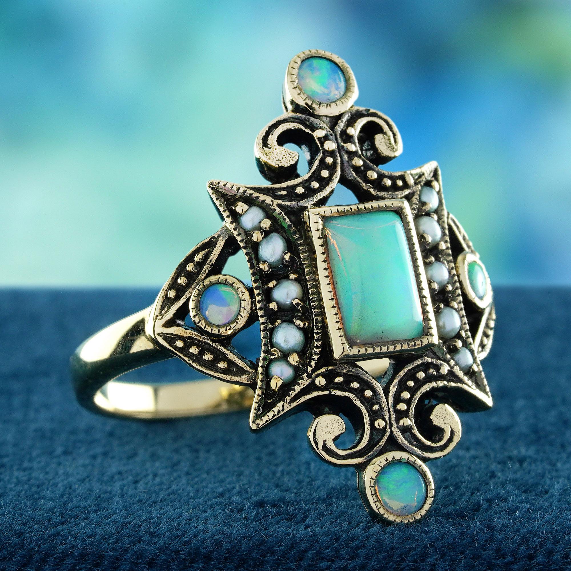 Emerald Cut Opal and Pearl Victorian Style Cocktail Ring in Solid 9K Yellow Gold For Sale