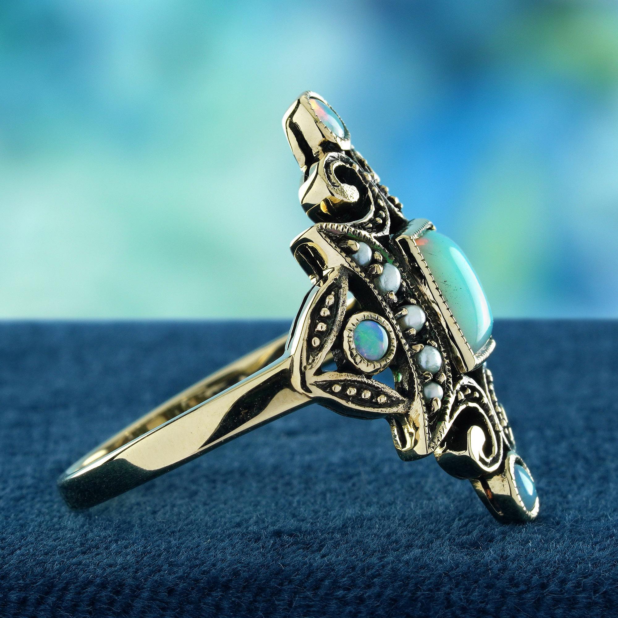 Opal and Pearl Victorian Style Cocktail Ring in Solid 9K Yellow Gold In New Condition For Sale In Bangkok, TH