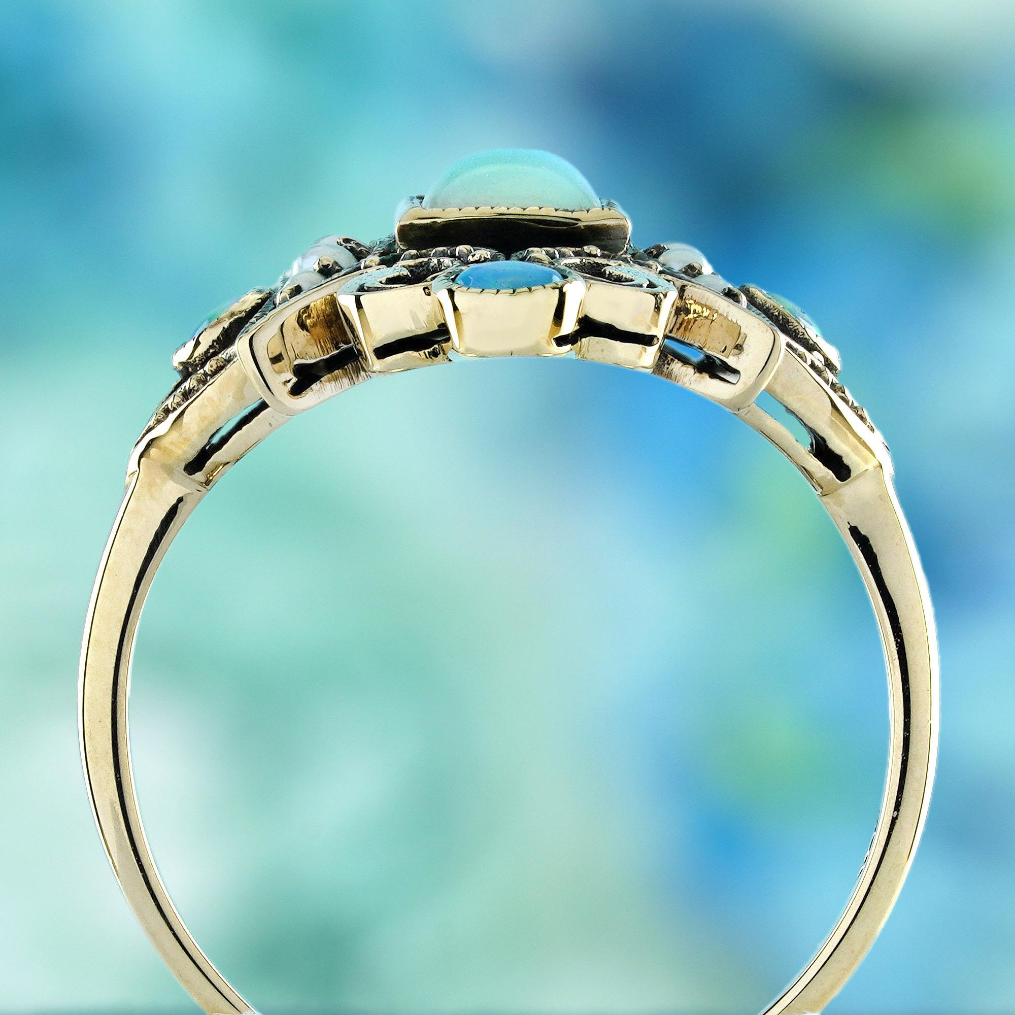 Women's Opal and Pearl Victorian Style Cocktail Ring in Solid 9K Yellow Gold For Sale
