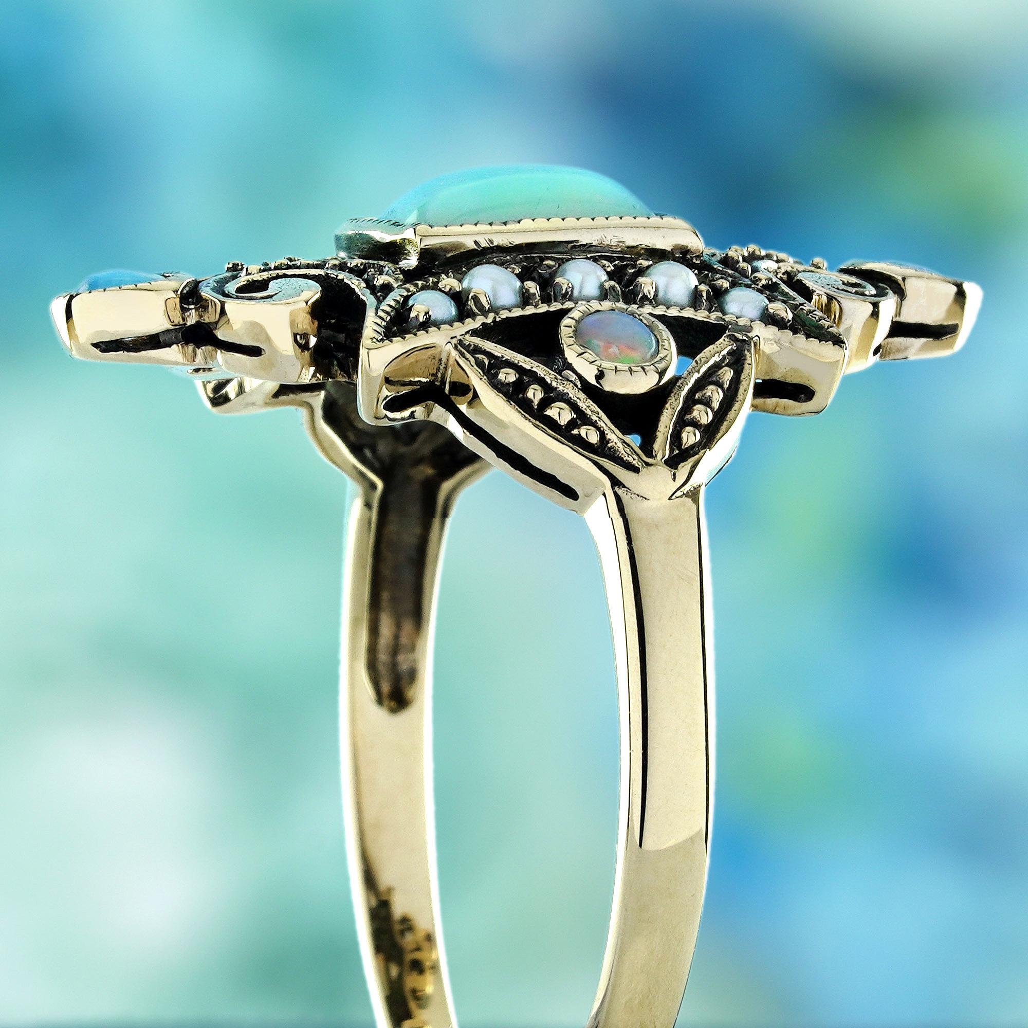 Opal and Pearl Victorian Style Cocktail Ring in Solid 9K Yellow Gold For Sale 1